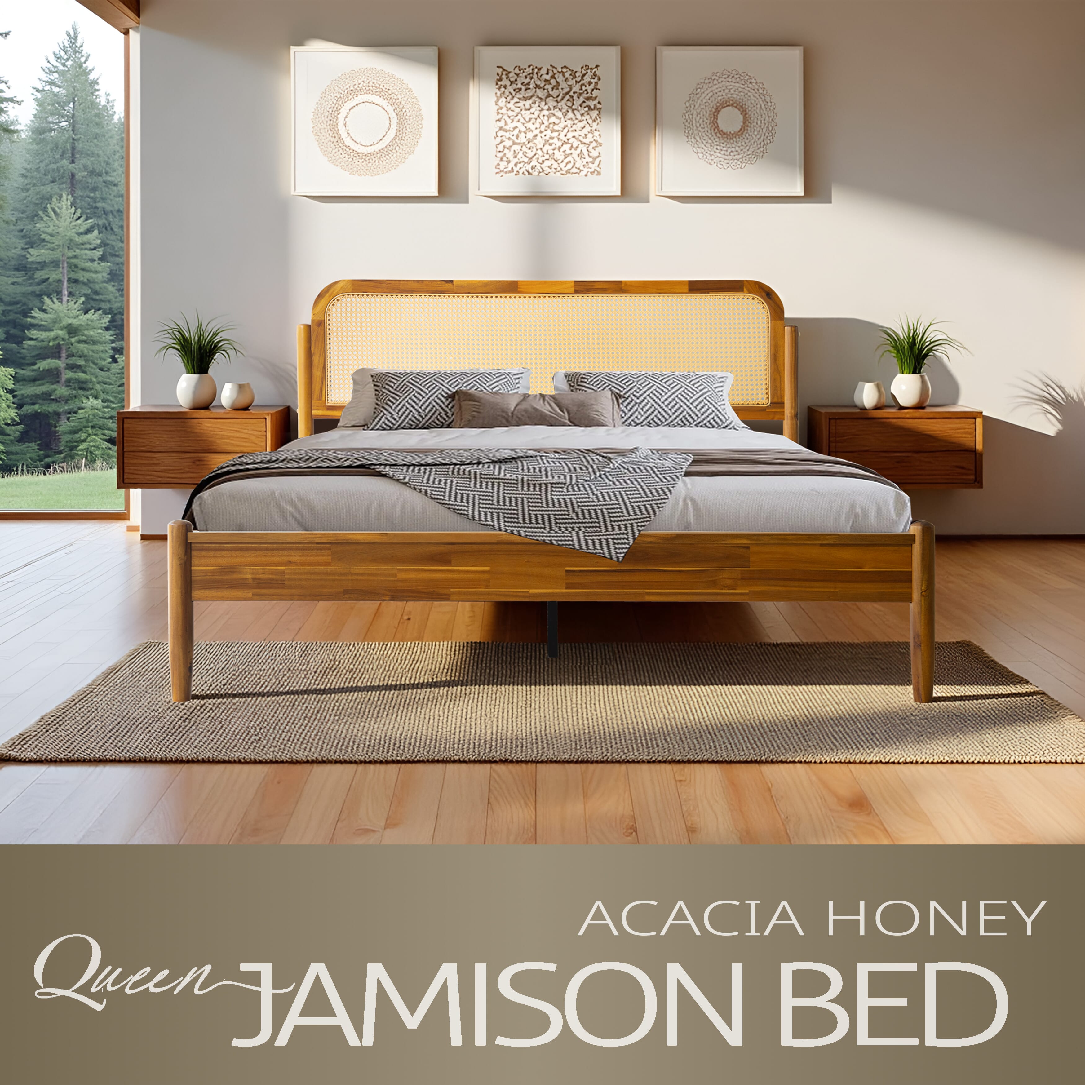 Queen Size Platform Bed Frame with Solid Wood Headboard & Footboard, Center Metal Legs, 12 Durable Slatted Base, Easy Assembly, No Box Spring Needed, Noise-Free, Acacia Honey Finish, JMQ-38