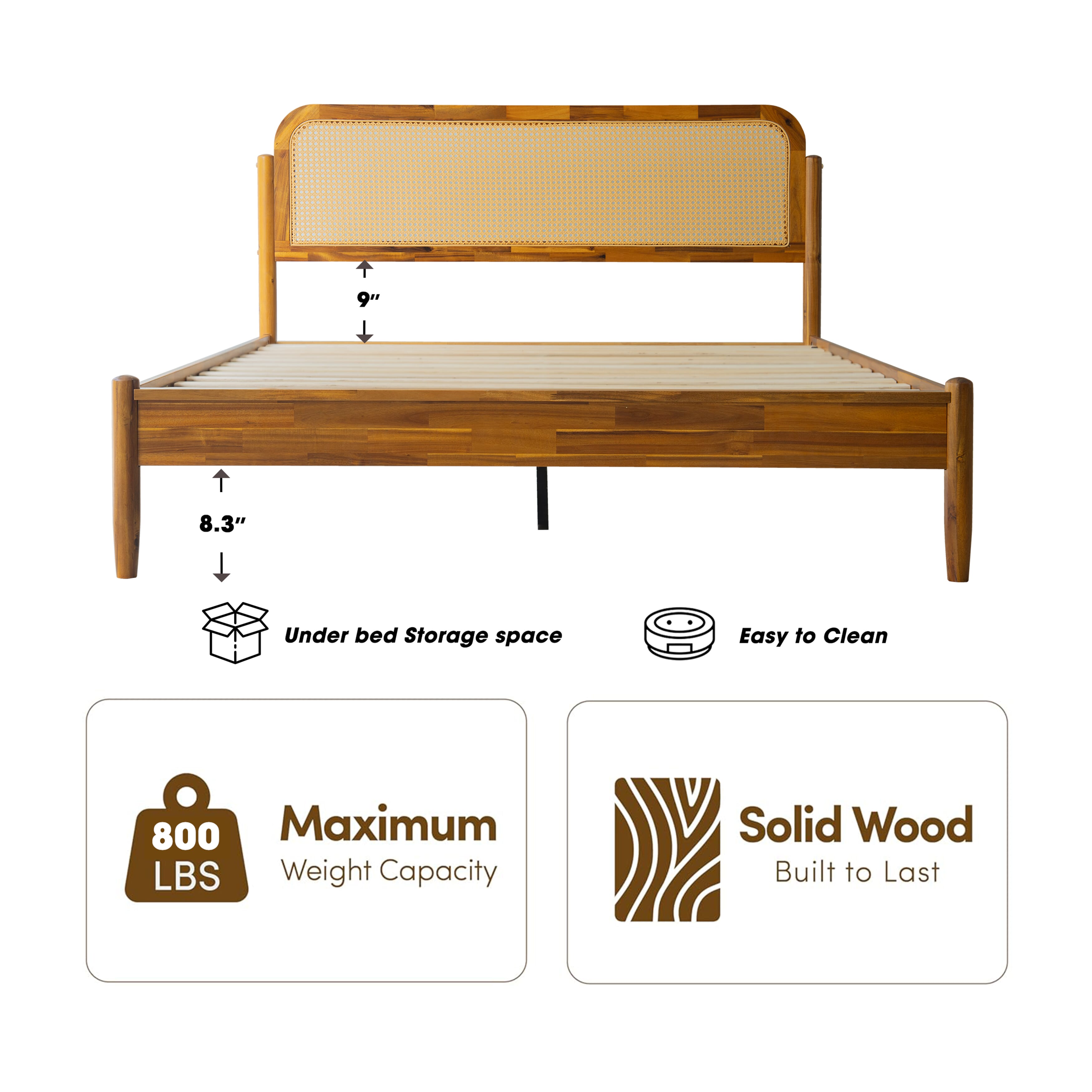 Queen Size Platform Bed Frame with Solid Wood Headboard & Footboard, Center Metal Legs, 12 Durable Slatted Base, Easy Assembly, No Box Spring Needed, Noise-Free, Acacia Honey Finish, JMQ-38