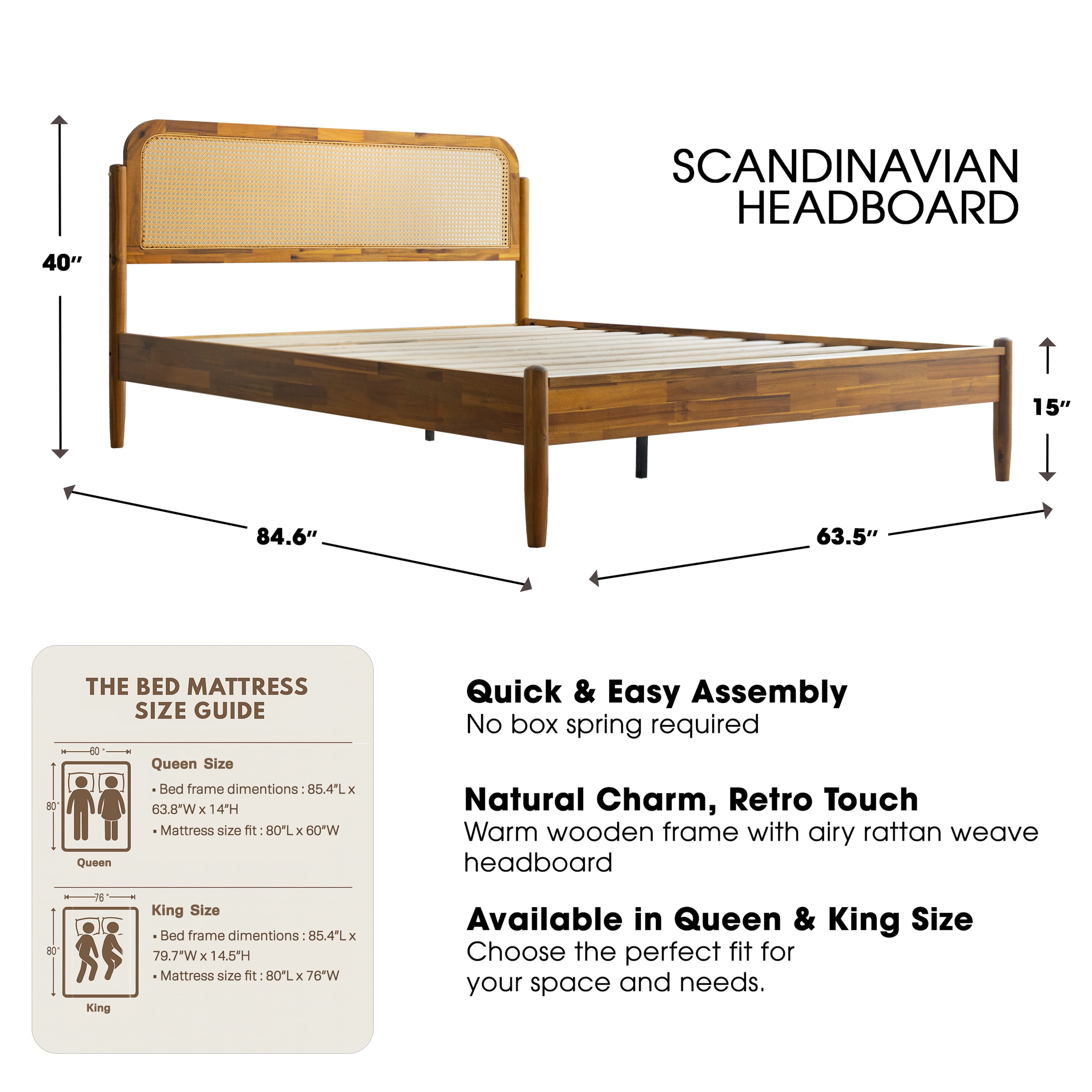 Queen Size Platform Bed Frame with Solid Wood Headboard & Footboard, Center Metal Legs, 12 Durable Slatted Base, Easy Assembly, No Box Spring Needed, Noise-Free, Acacia Honey Finish, JMQ-38
