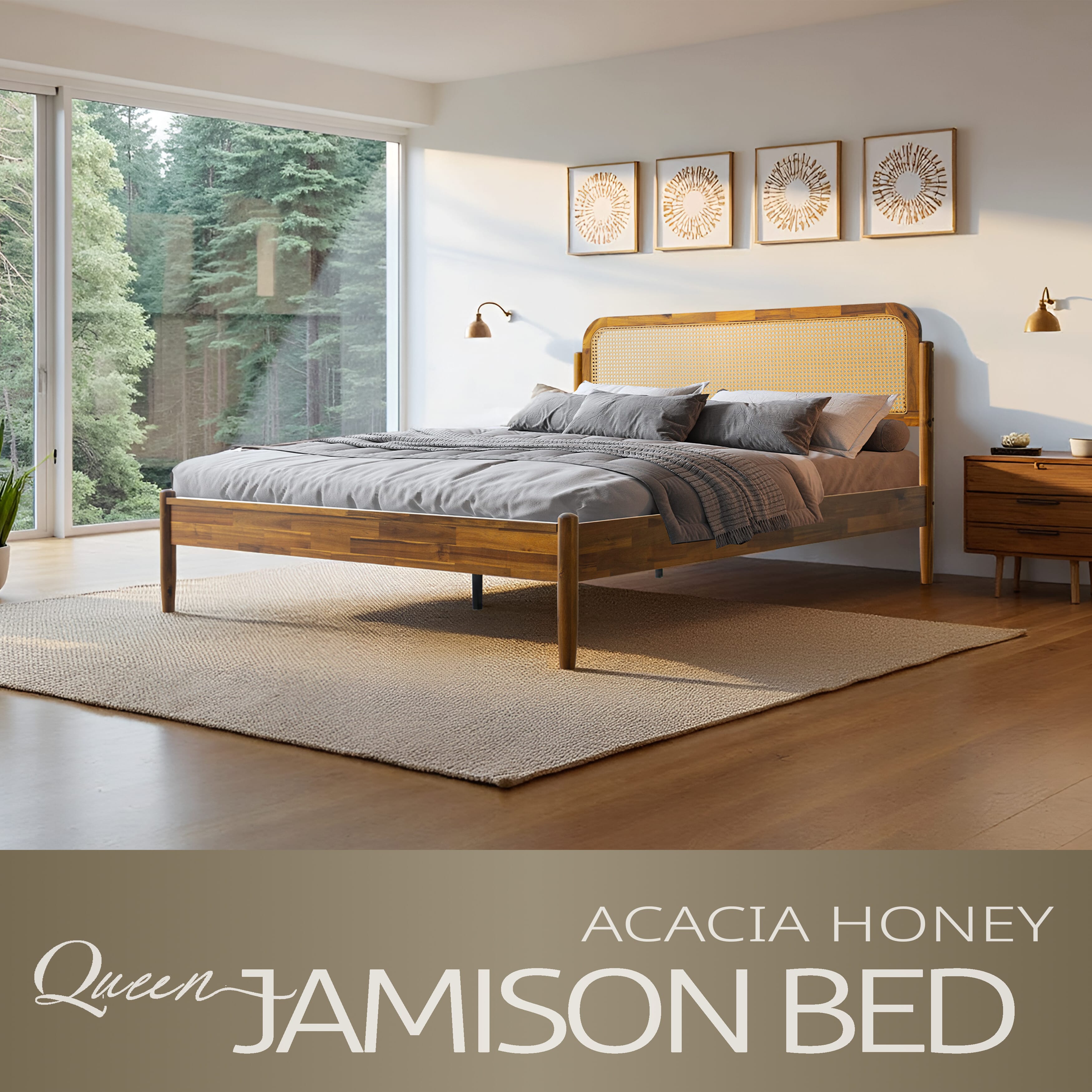 Queen Size Platform Bed Frame with Solid Wood Headboard & Footboard, Center Metal Legs, 12 Durable Slatted Base, Easy Assembly, No Box Spring Needed, Noise-Free, Acacia Honey Finish, JMQ-38