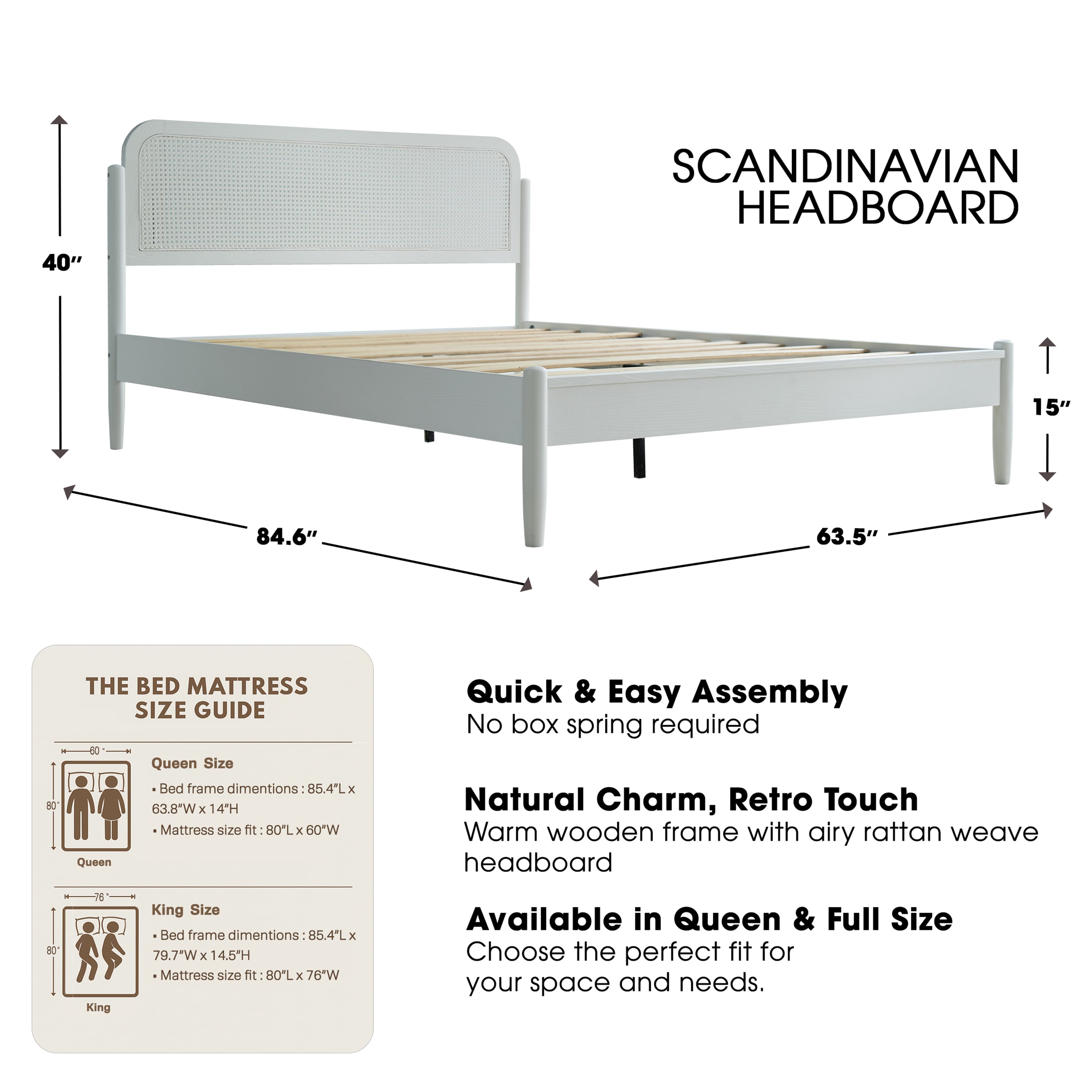 Queen Size Platform Bed Frame, Solid Wood Headboard & Footboard, Central Metal Legs with 12 Durable Slatted Base, Anti-Slip & Noise-Free, Easy Assembly, No Box Spring Needed, Pure White Finish, JMQ-39