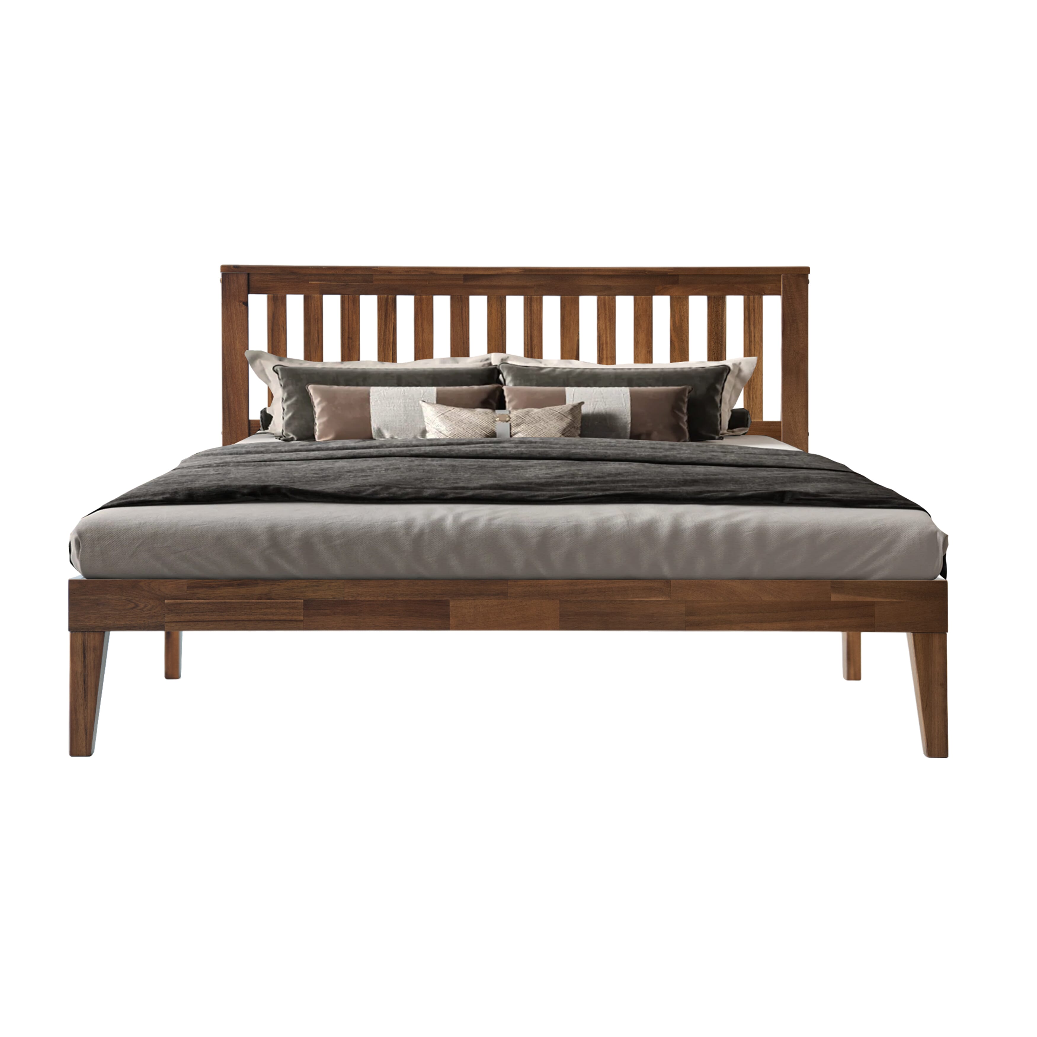 Full Size Bed Frame with Headboard & Footboard, Solid Wood Platform Bed, Anti-Noise & Slip-Free, 12 Strong Slatted Structure with Metal Legs, No Box Spring Needed, Easy Assembly, Walnut Finish, JPF-37
