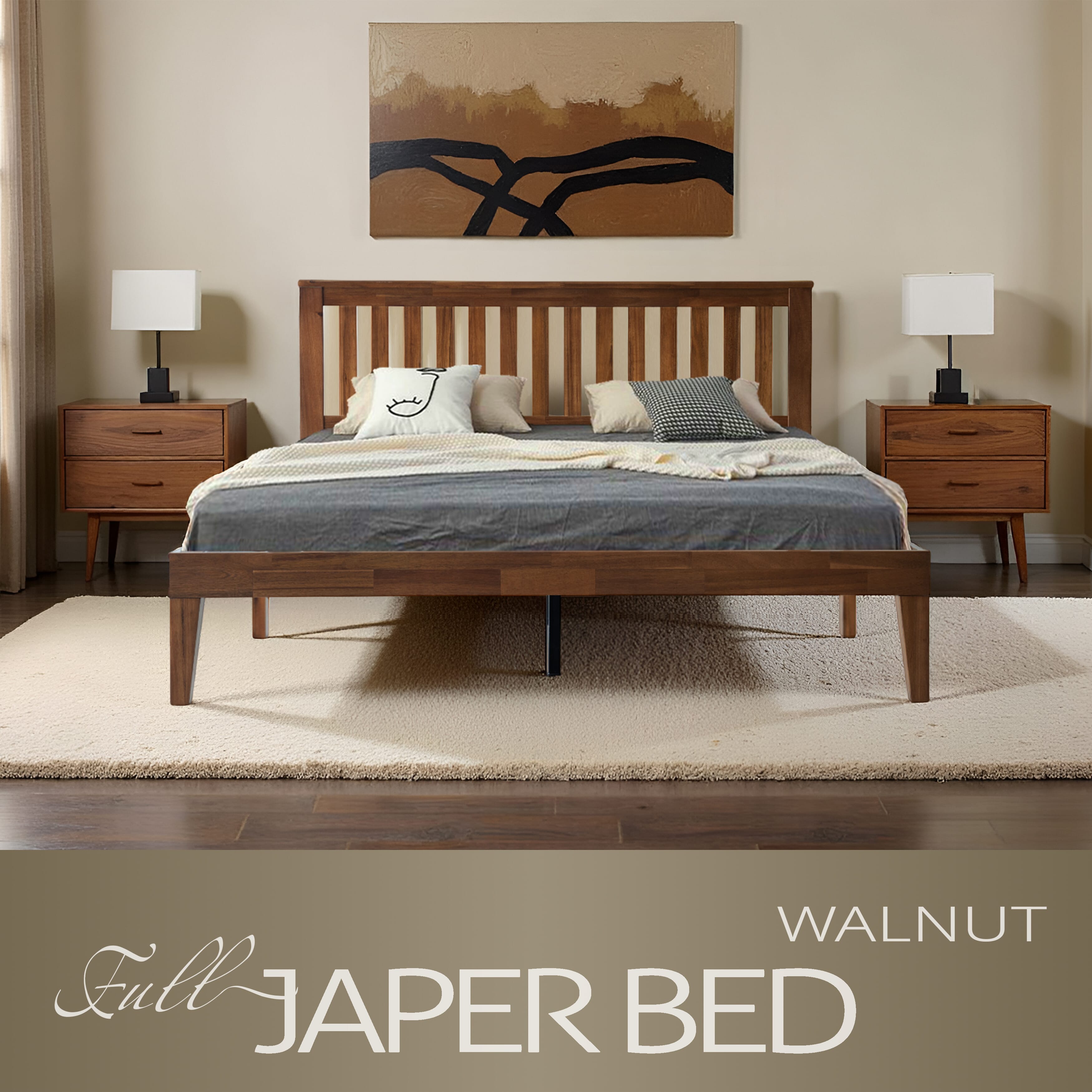 Full Size Bed Frame with Headboard & Footboard, Solid Wood Platform Bed, Anti-Noise & Slip-Free, 12 Strong Slatted Structure with Metal Legs, No Box Spring Needed, Easy Assembly, Walnut Finish, JPF-37