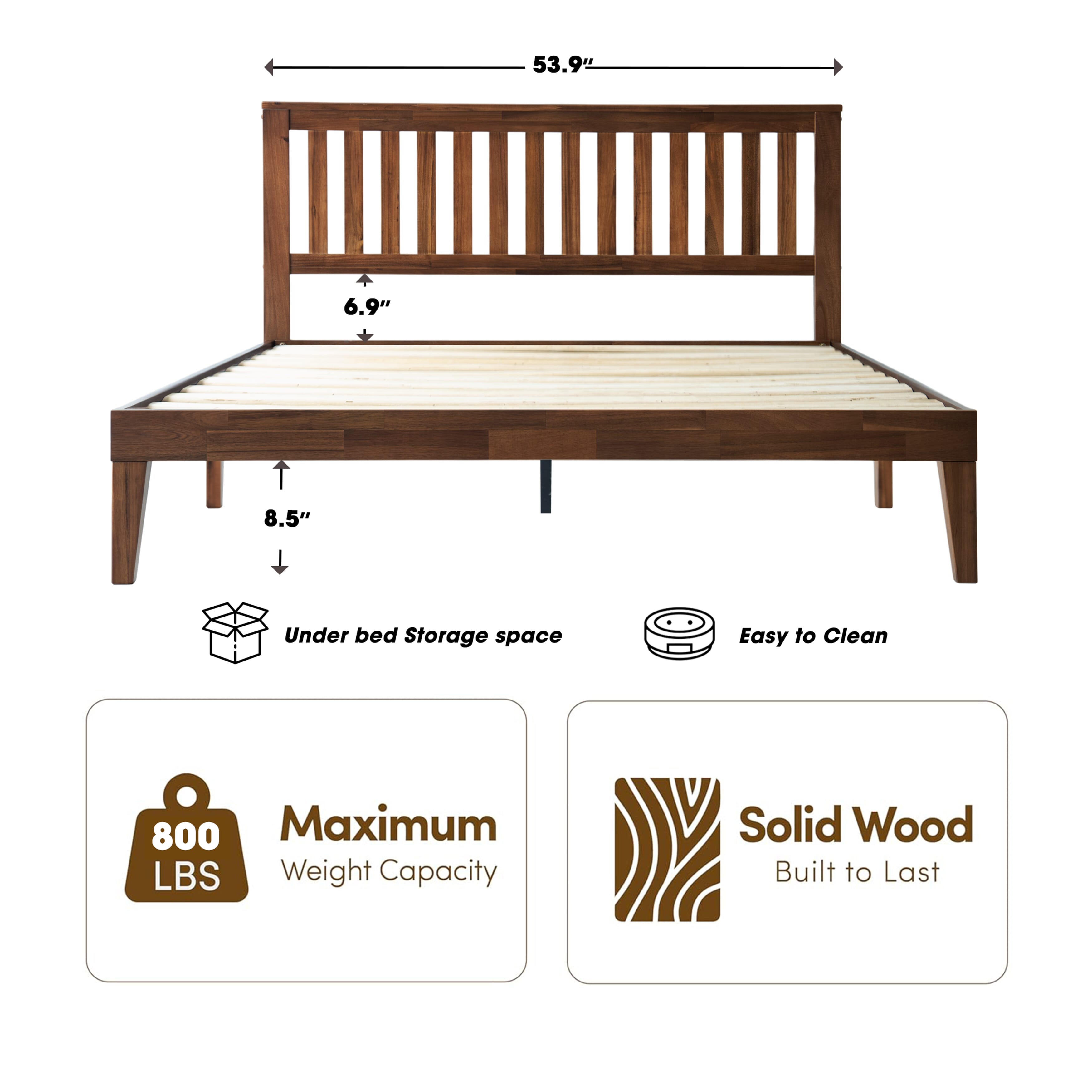 Full Size Bed Frame with Headboard & Footboard, Solid Wood Platform Bed, Anti-Noise & Slip-Free, 12 Strong Slatted Structure with Metal Legs, No Box Spring Needed, Easy Assembly, Walnut Finish, JPF-37