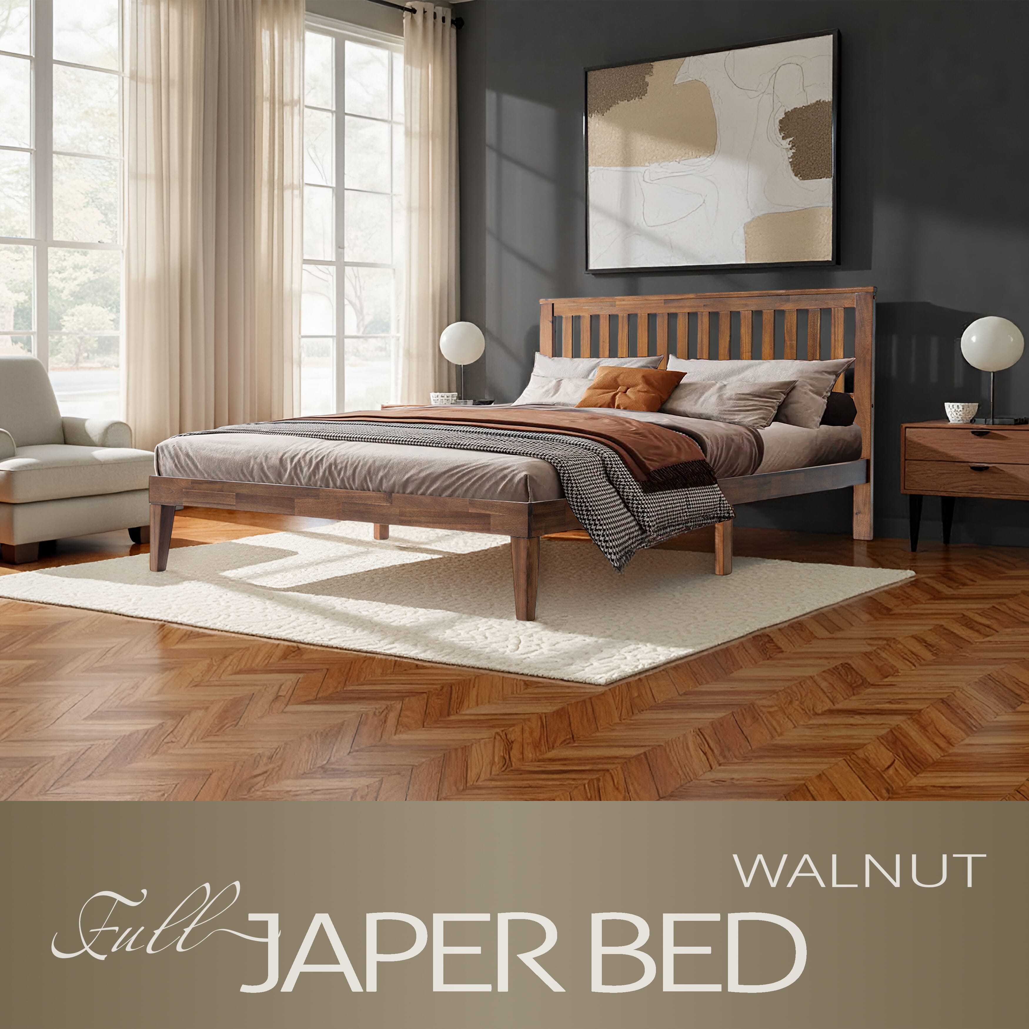 Full Size Bed Frame with Headboard & Footboard, Solid Wood Platform Bed, Anti-Noise & Slip-Free, 12 Strong Slatted Structure with Metal Legs, No Box Spring Needed, Easy Assembly, Walnut Finish, JPF-37