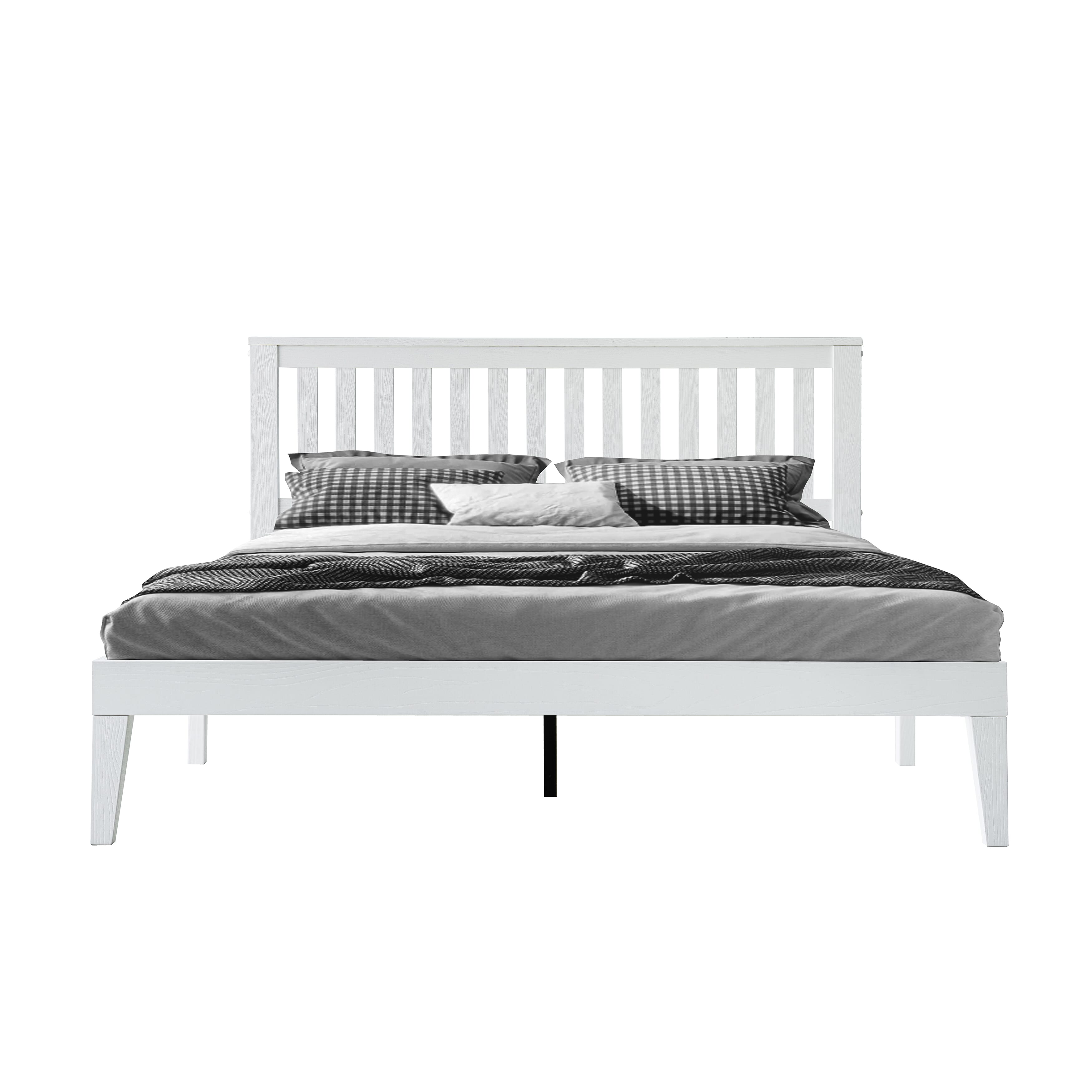 Full Size Bed Frame, Solid Wood Platform Bed with Headboard & Footboard, 12 Strong Slatted Design, Center Metal Legs, Noise-Free & Anti-Slip, No Box Spring Needed, Pure White Finish, JPF-39