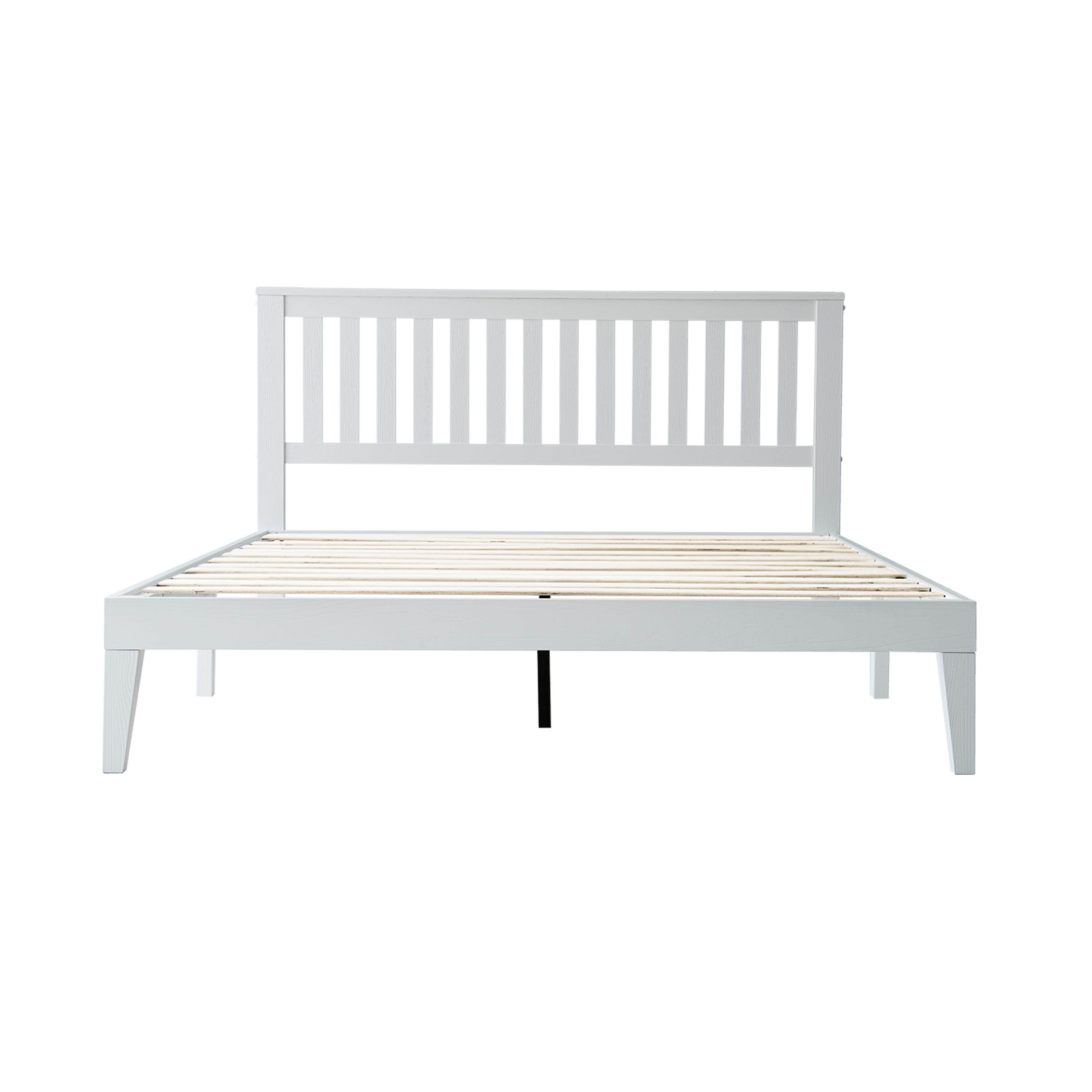 Full Size Bed Frame, Solid Wood Platform Bed with Headboard & Footboard, 12 Strong Slatted Design, Center Metal Legs, Noise-Free & Anti-Slip, No Box Spring Needed, Pure White Finish, JPF-39