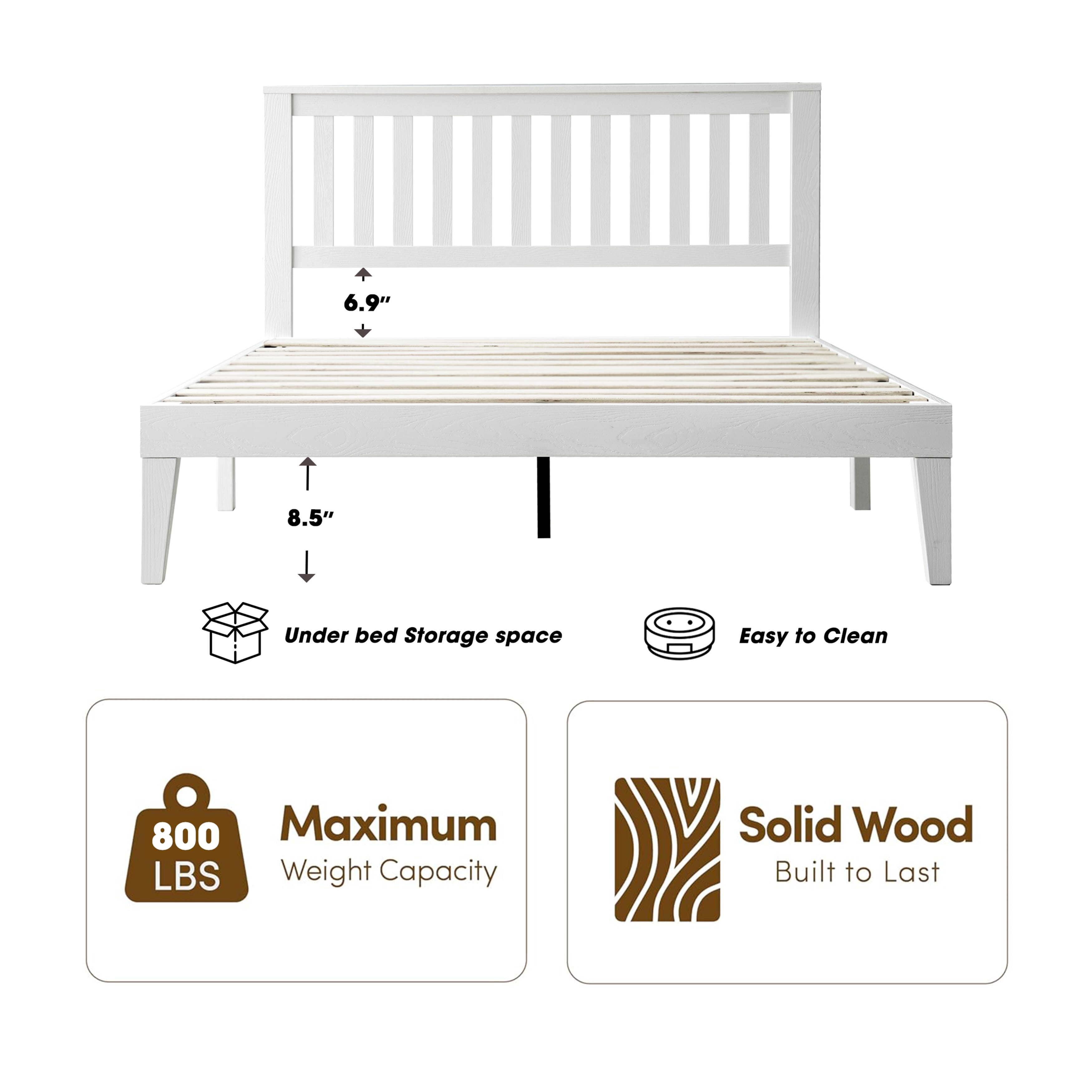 Full Size Bed Frame, Solid Wood Platform Bed with Headboard & Footboard, 12 Strong Slatted Design, Center Metal Legs, Noise-Free & Anti-Slip, No Box Spring Needed, Pure White Finish, JPF-39