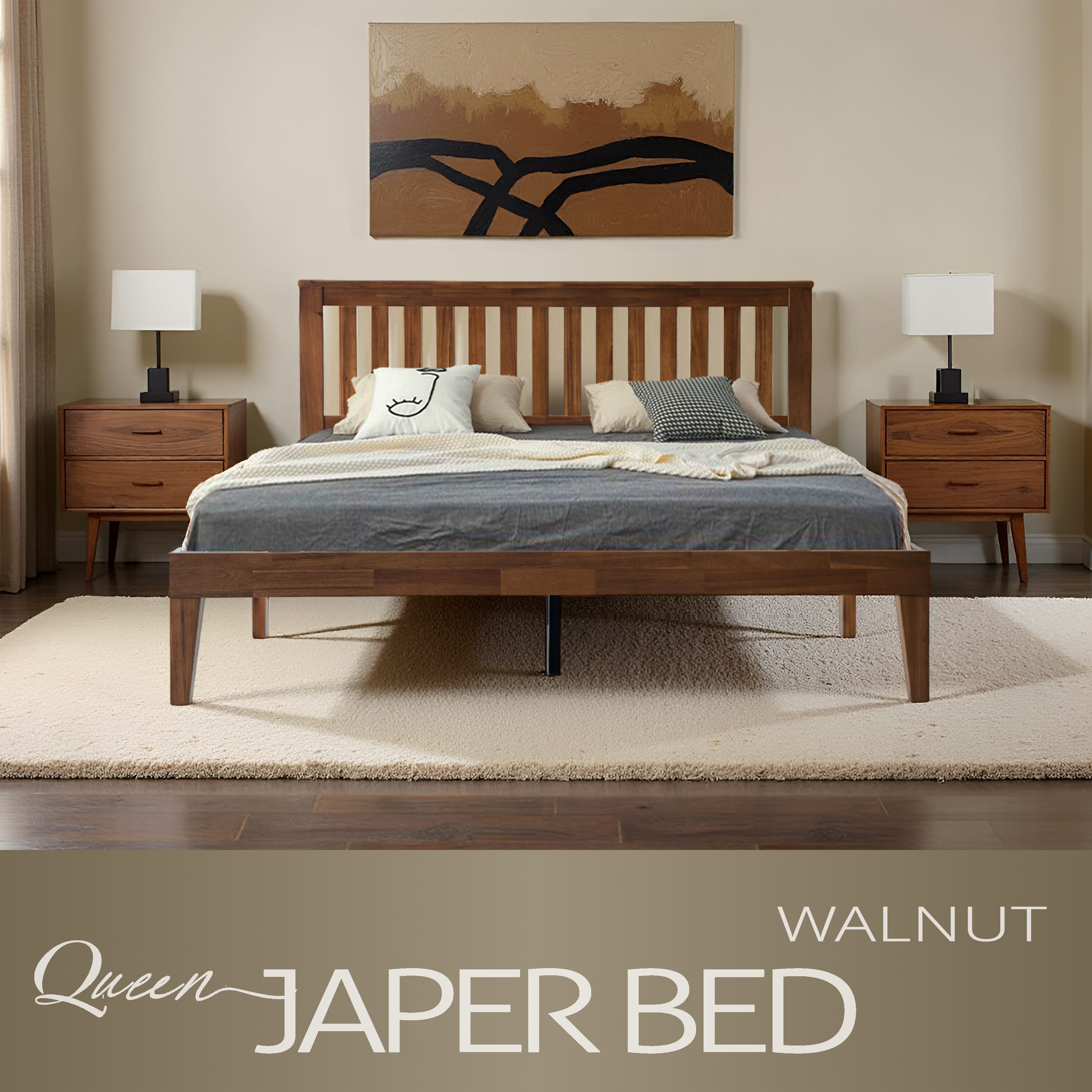 Queen Size Bed Frame, Solid Wood Platform Bed with Headboard & Footboard, Center Metal Legs, 12 Sturdy Slatted Base, Easy Assembly, No Box Spring Needed, Anti-Slip & Noise-Free Walnut Finish, JPQ-37
