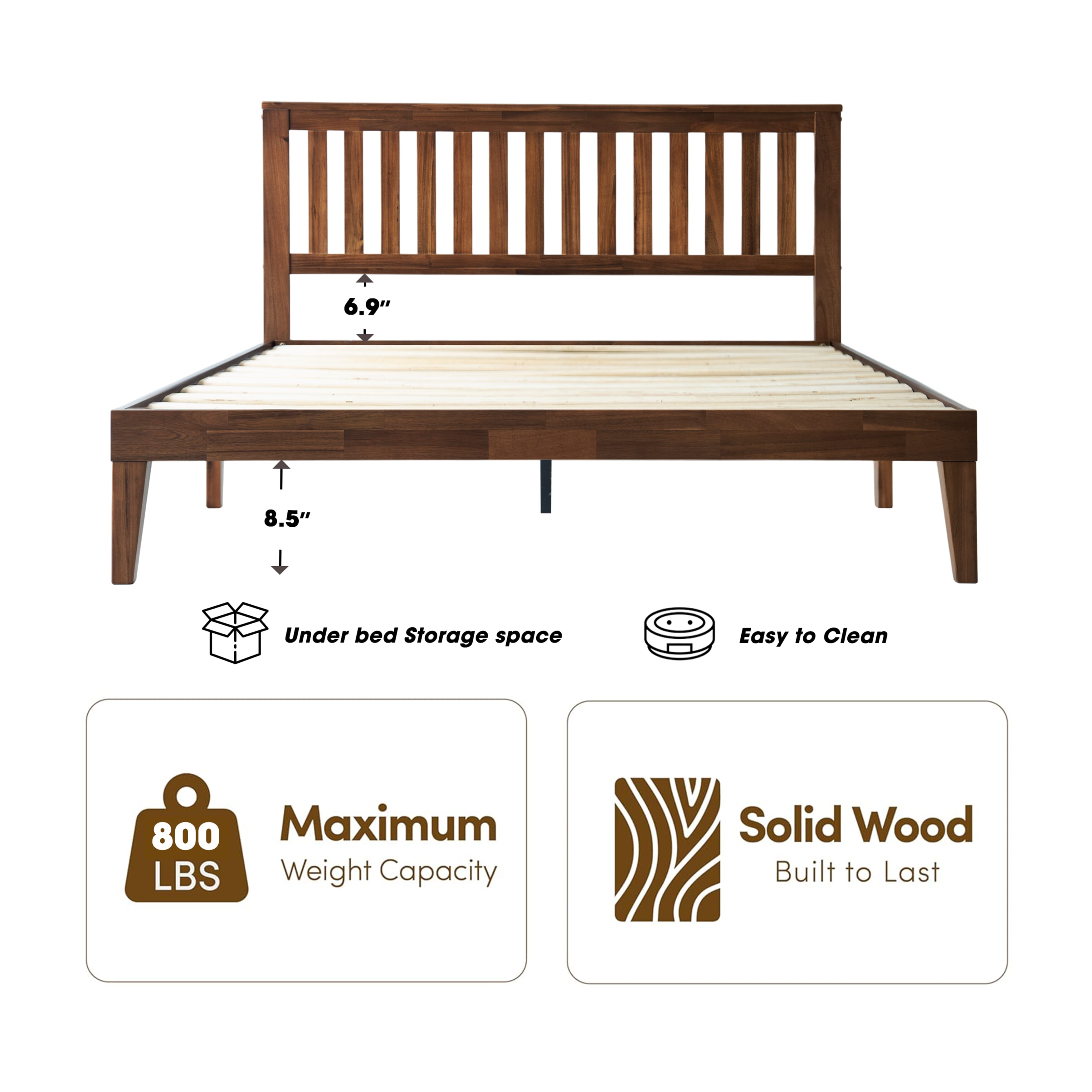 Queen Size Bed Frame, Solid Wood Platform Bed with Headboard & Footboard, Center Metal Legs, 12 Sturdy Slatted Base, Easy Assembly, No Box Spring Needed, Anti-Slip & Noise-Free Walnut Finish, JPQ-37