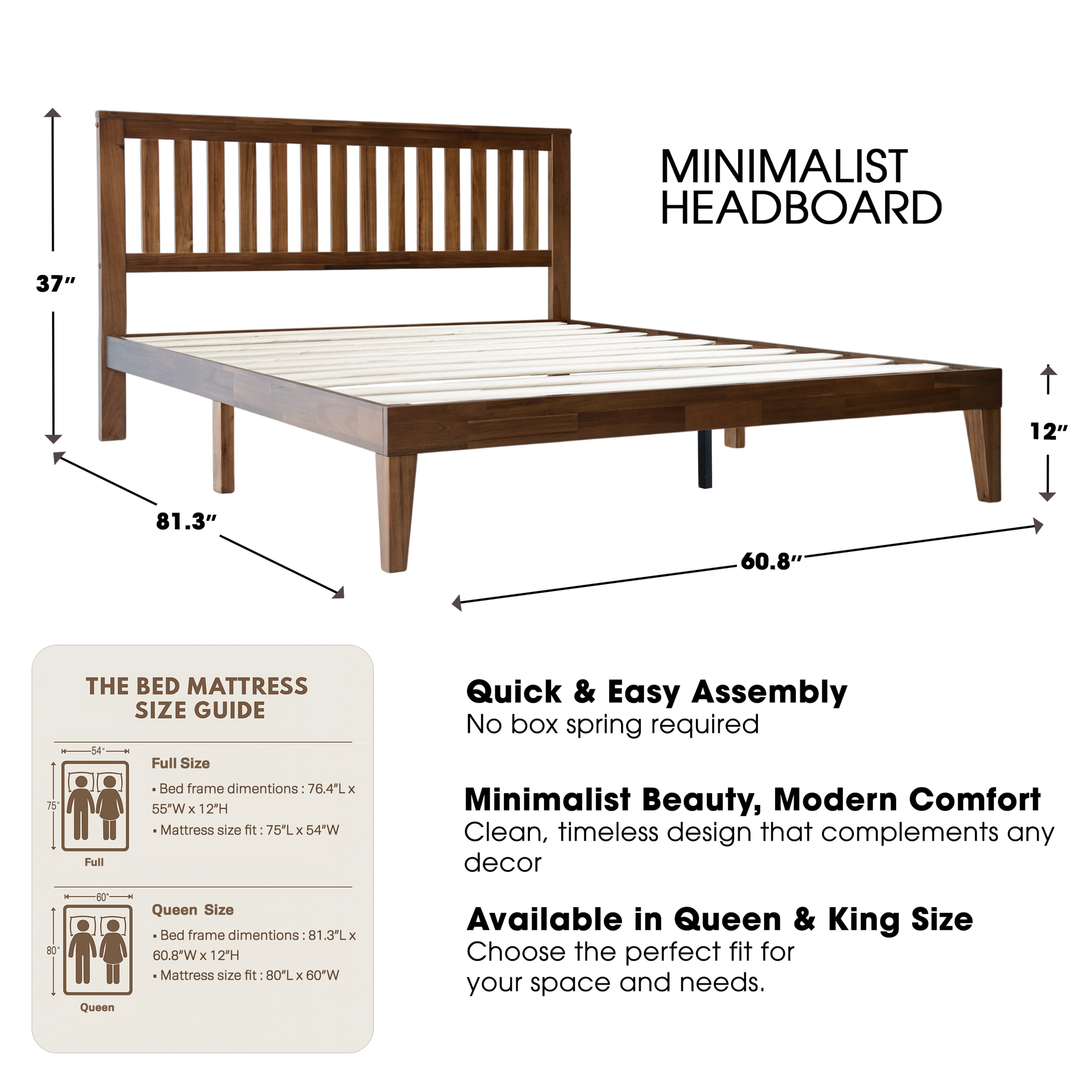 Queen Size Bed Frame, Solid Wood Platform Bed with Headboard & Footboard, Center Metal Legs, 12 Sturdy Slatted Base, Easy Assembly, No Box Spring Needed, Anti-Slip & Noise-Free Walnut Finish, JPQ-37