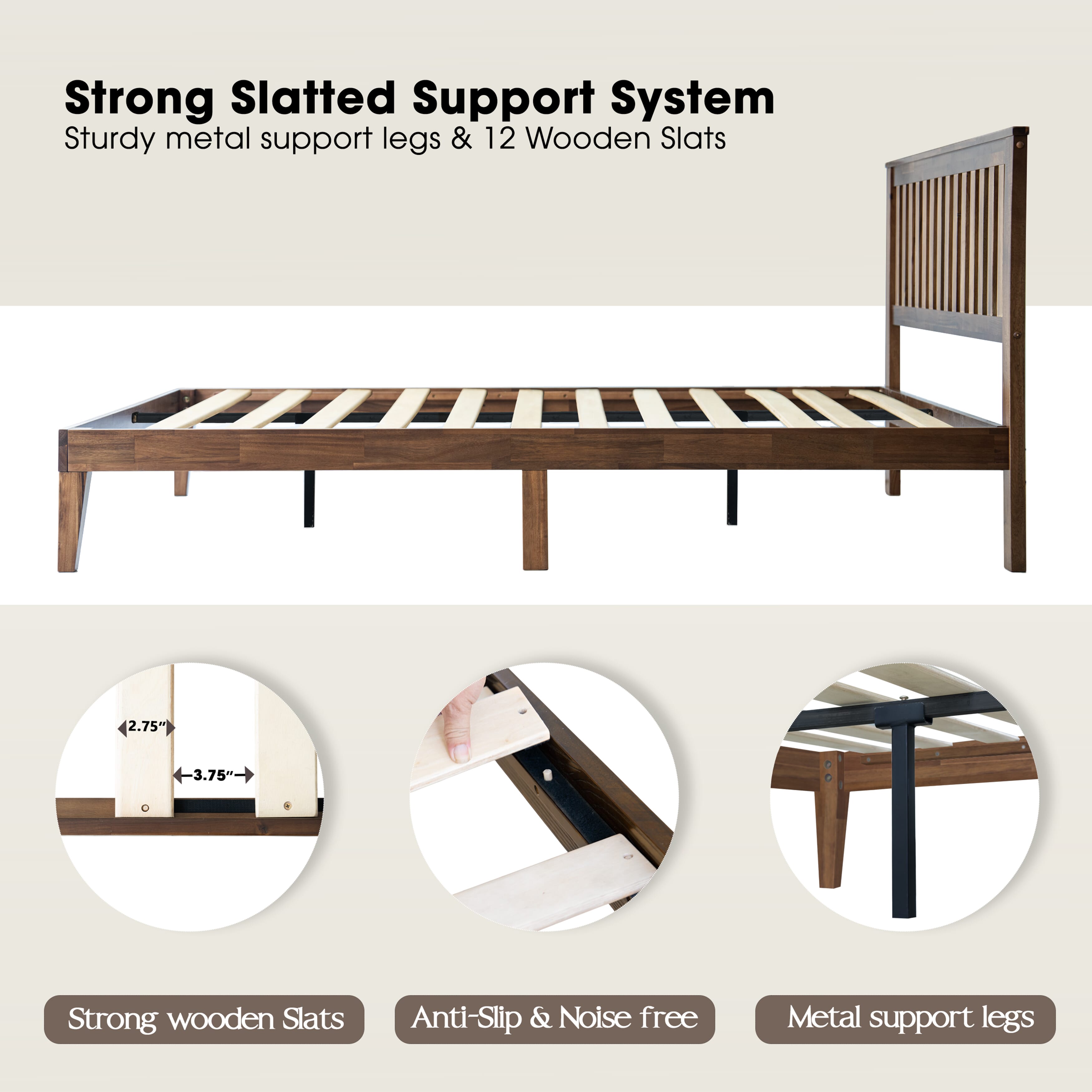 Queen Size Bed Frame, Solid Wood Platform Bed with Headboard & Footboard, Center Metal Legs, 12 Sturdy Slatted Base, Easy Assembly, No Box Spring Needed, Anti-Slip & Noise-Free Walnut Finish, JPQ-37