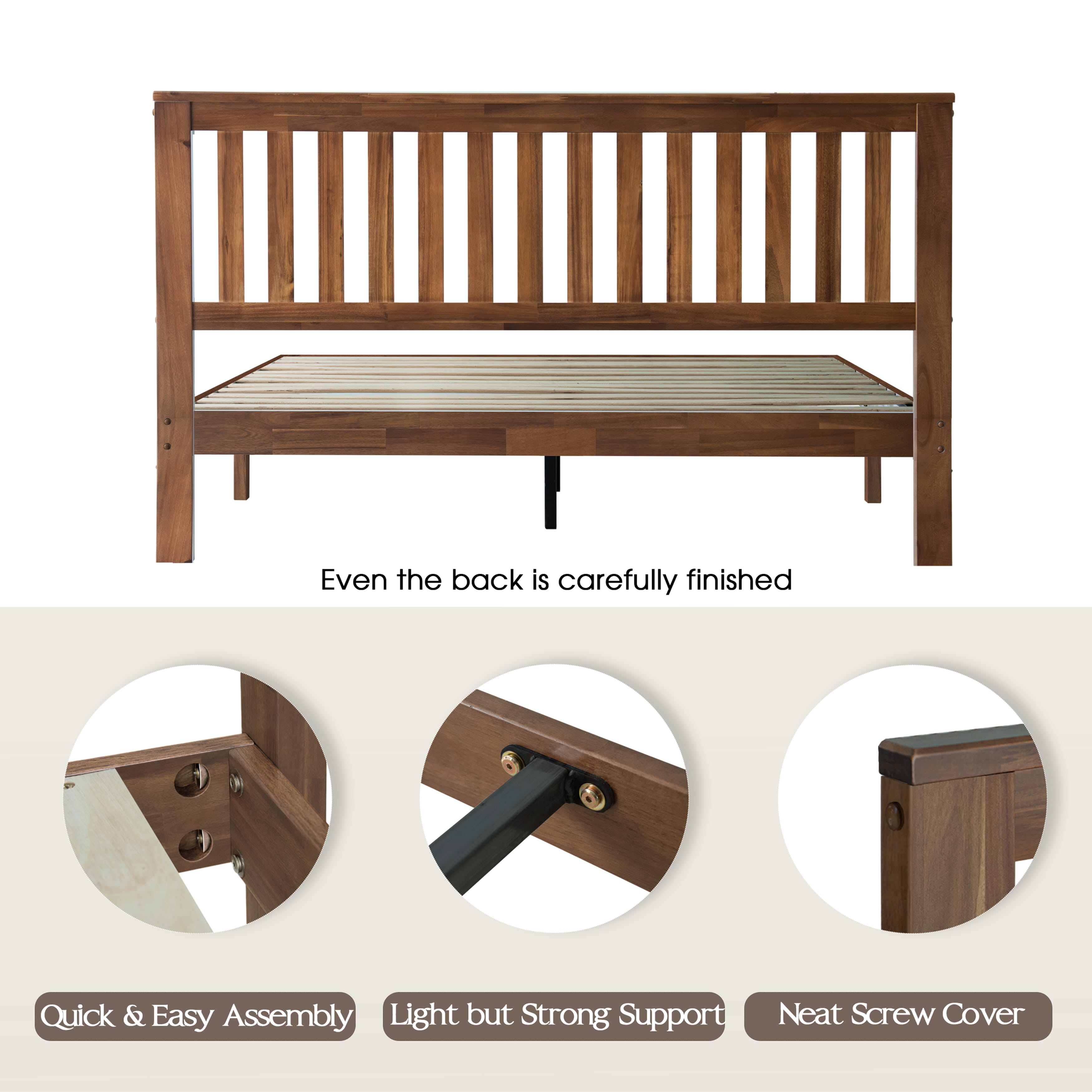 Queen Size Bed Frame, Solid Wood Platform Bed with Headboard & Footboard, Center Metal Legs, 12 Sturdy Slatted Base, Easy Assembly, No Box Spring Needed, Anti-Slip & Noise-Free Walnut Finish, JPQ-37