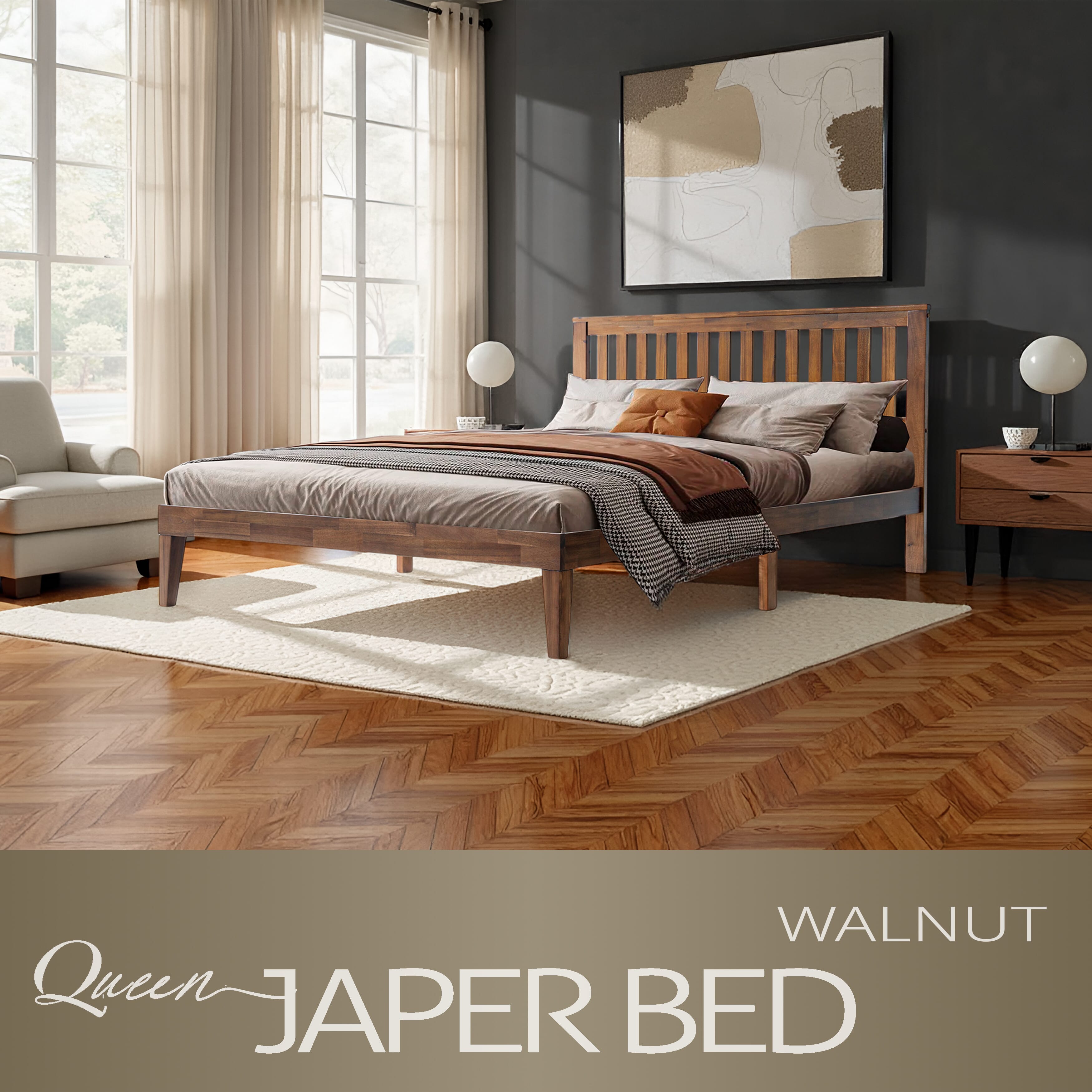 Queen Size Bed Frame, Solid Wood Platform Bed with Headboard & Footboard, Center Metal Legs, 12 Sturdy Slatted Base, Easy Assembly, No Box Spring Needed, Anti-Slip & Noise-Free Walnut Finish, JPQ-37