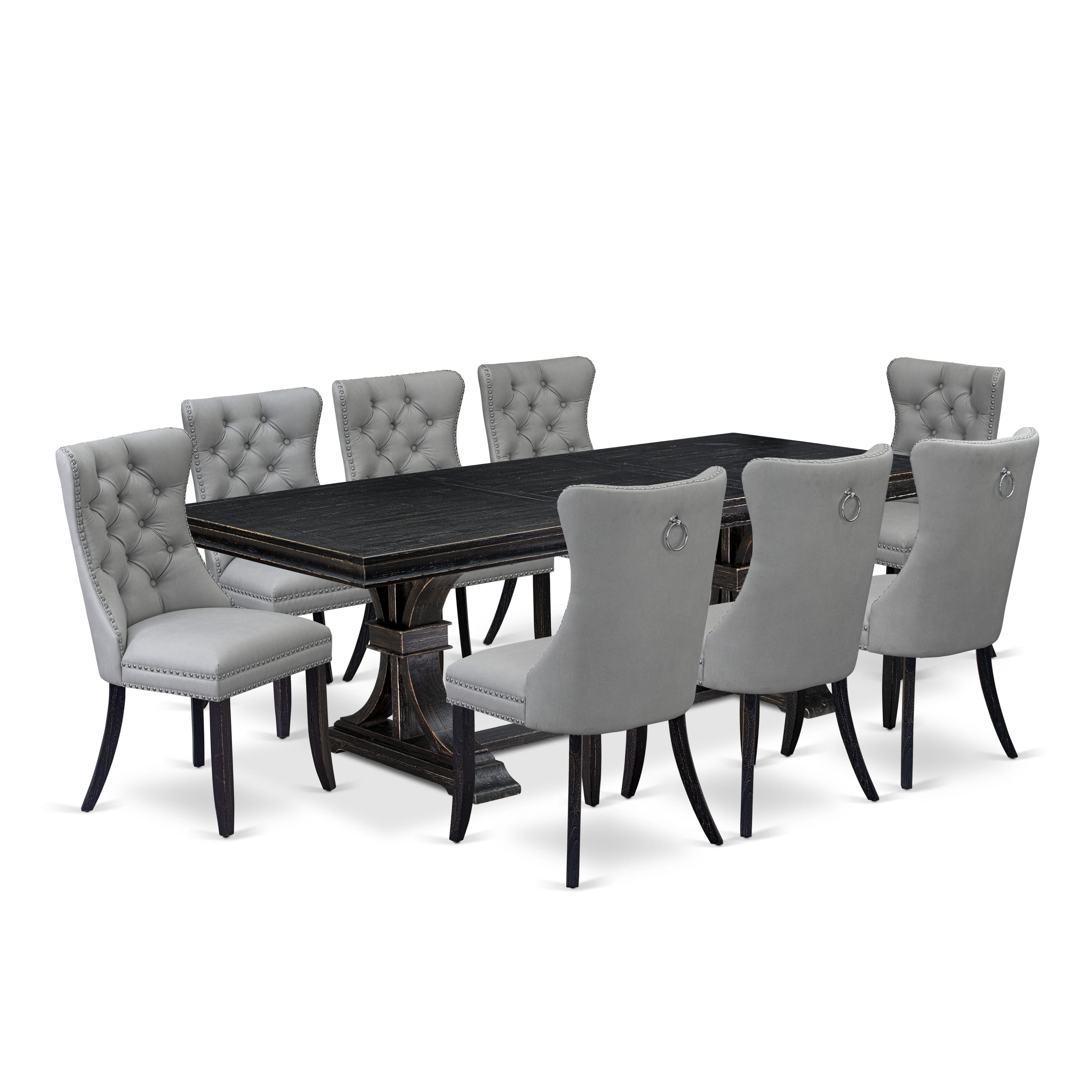 Luxe by East West Furniture LEDA9-SBB-27 - 9-piece kitchen table set-includes a dinner table and 8 Light Gray Faux Leather dining Chairs with Button Tufted Chair Back - Sand Blasting Black Finish.