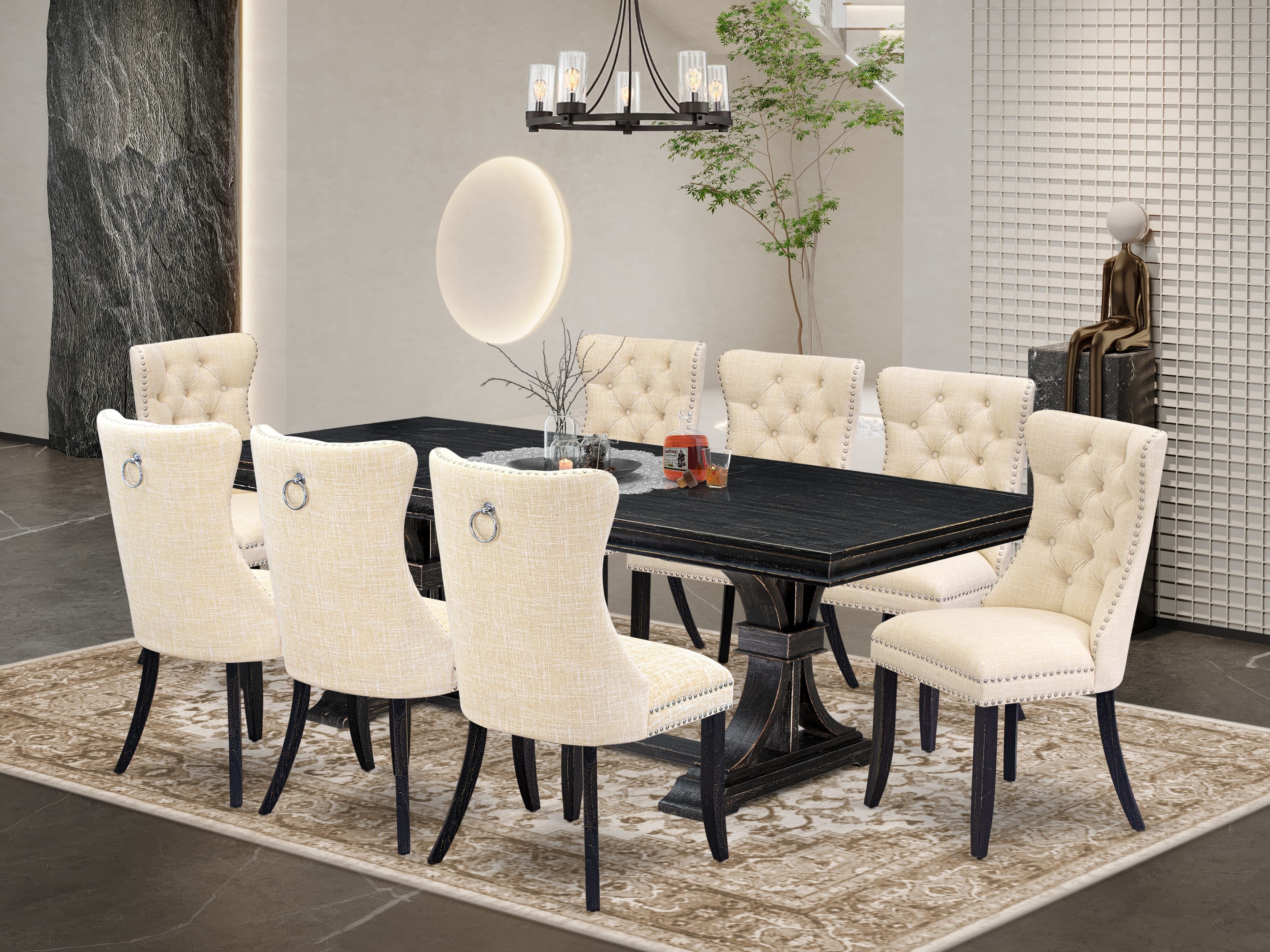 Luxe by East West Furniture LEDA9-SBB-32 - 9-piece modern dining set consists of a rectangular table and 8 Light Beige Linen Fabric padded chairs with Button Tufted Chair Back - Sand Blasting Black Finish.