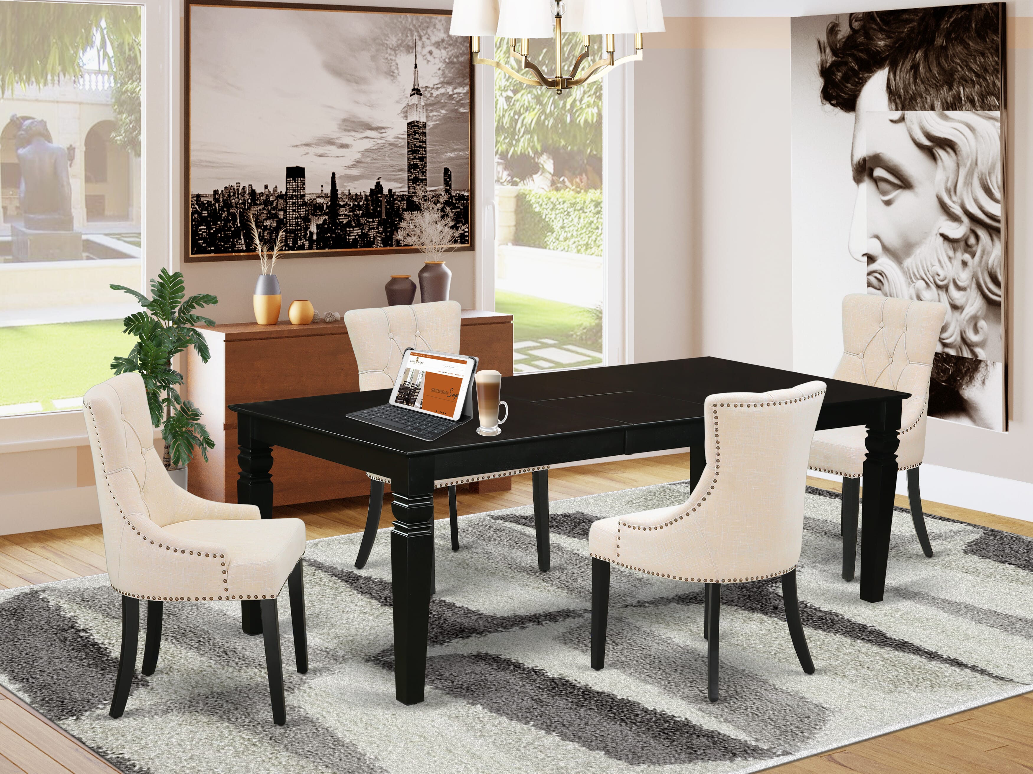 El juego de comedor de 5 piezas East West Furniture LGFR5-BLK-02 incluye una mesa rectangular de madera con diseño de hojas de mariposa y 4 sillas de comedor Parson de tela de lino beige claro.