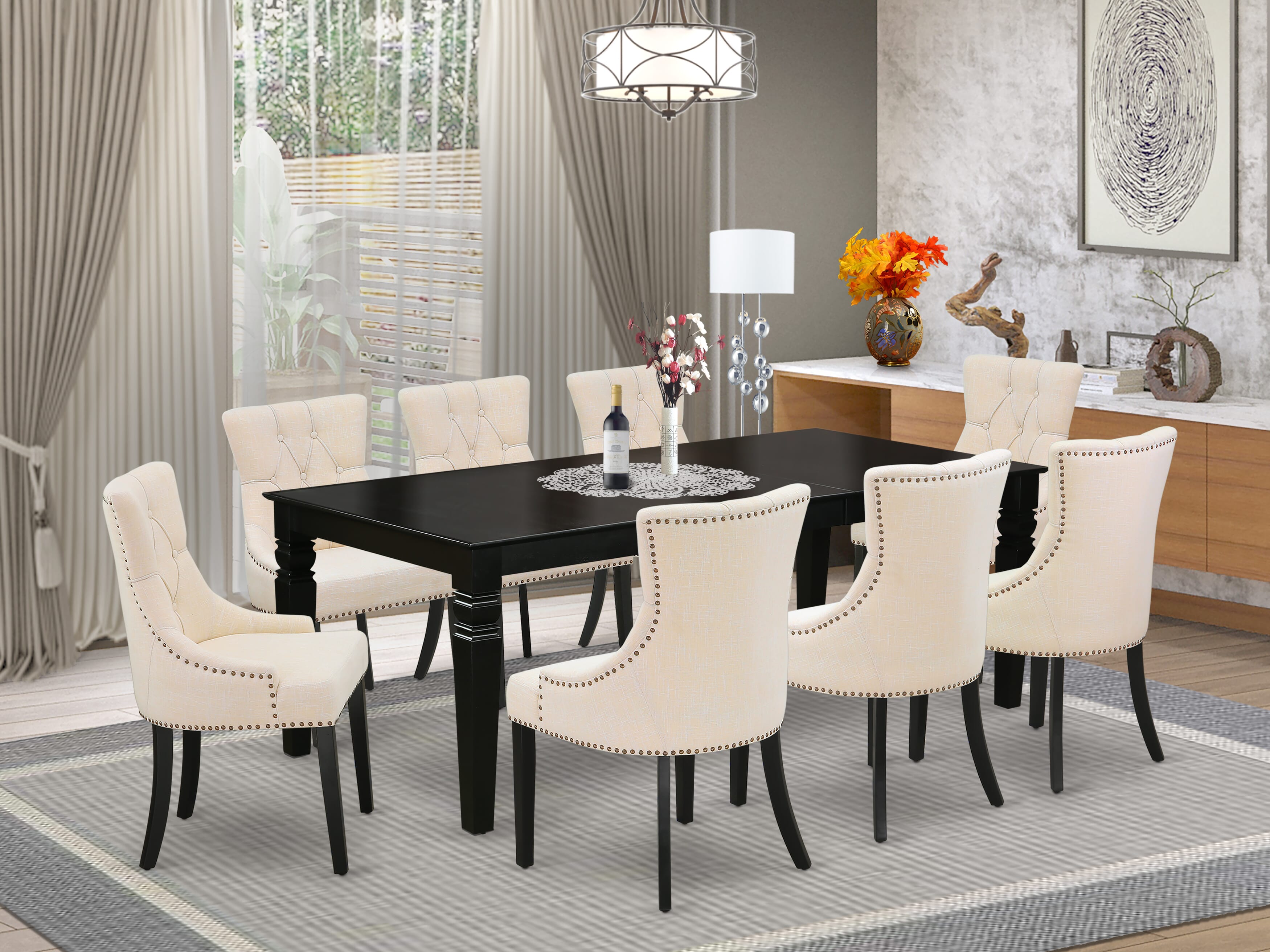 El juego de comedor East West Furniture LGFR9-BLK-02 de 9 piezas incluye una mesa de cocina rectangular con hojas de mariposa y 8 sillas de comedor Parsons de tela de lino beige claro.