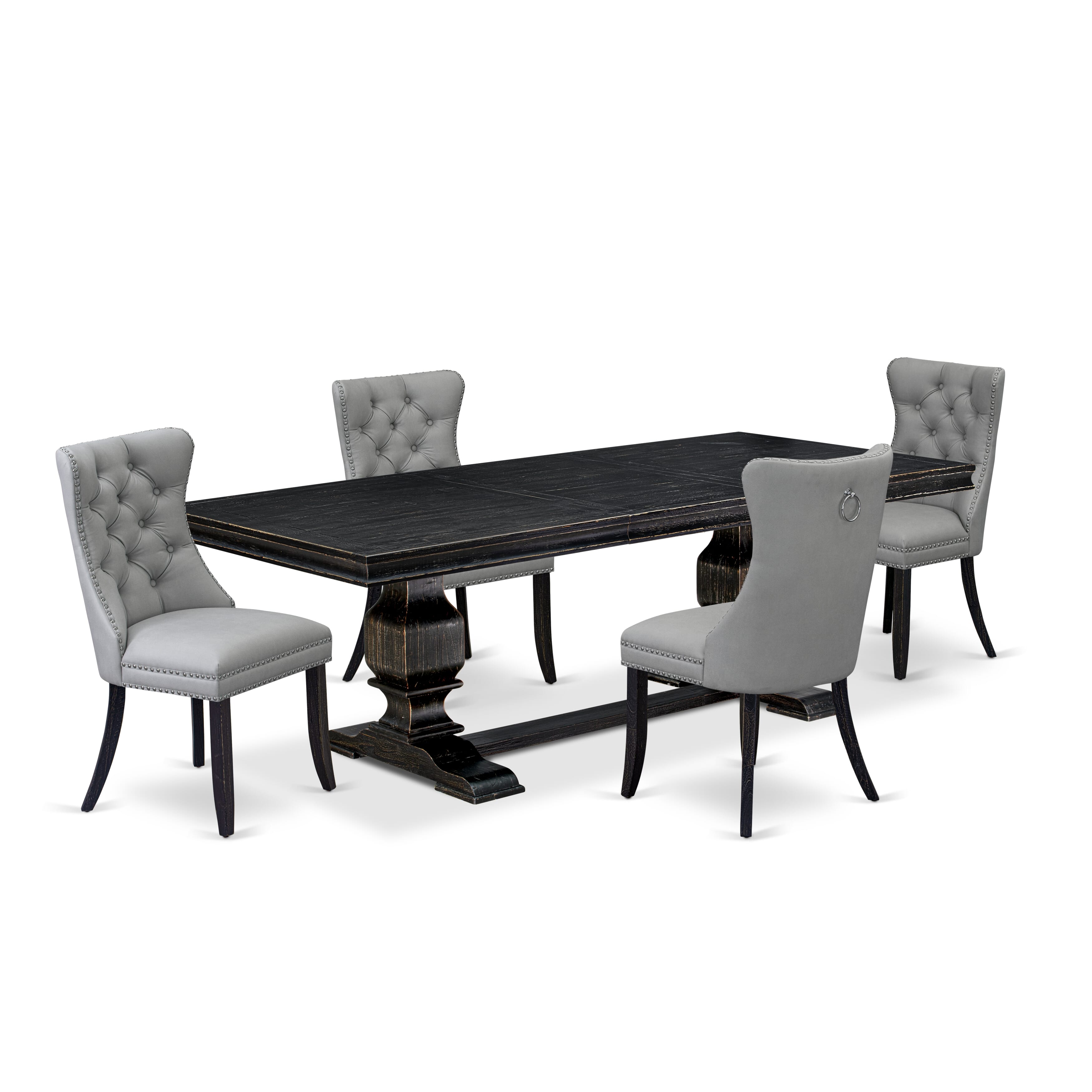 Luxe by East West Furniture LKDA5-SBB-27 - 5-piece dining set includes a wooden table and 4 Light Gray Faux Leather parson chairs with Button Tufted Chair Back - Sand Blasting Black Finish.