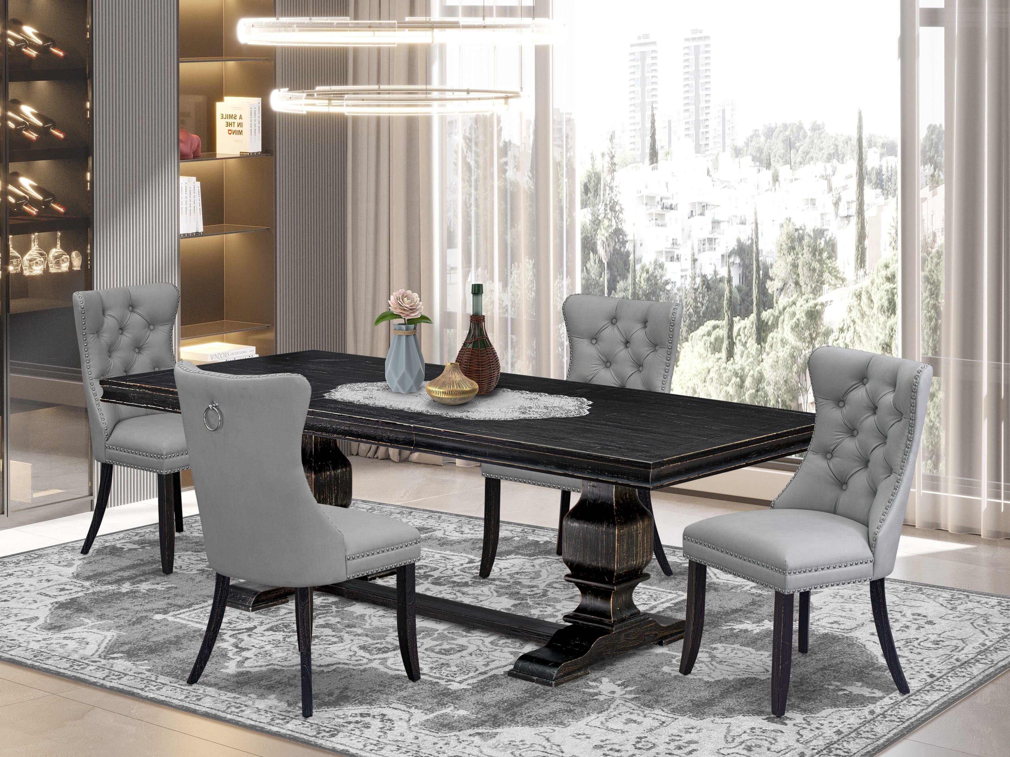 Luxe by East West Furniture LKDA5-SBB-27 - 5-piece dining set includes a wooden table and 4 Light Gray Faux Leather parson chairs with Button Tufted Chair Back - Sand Blasting Black Finish.
