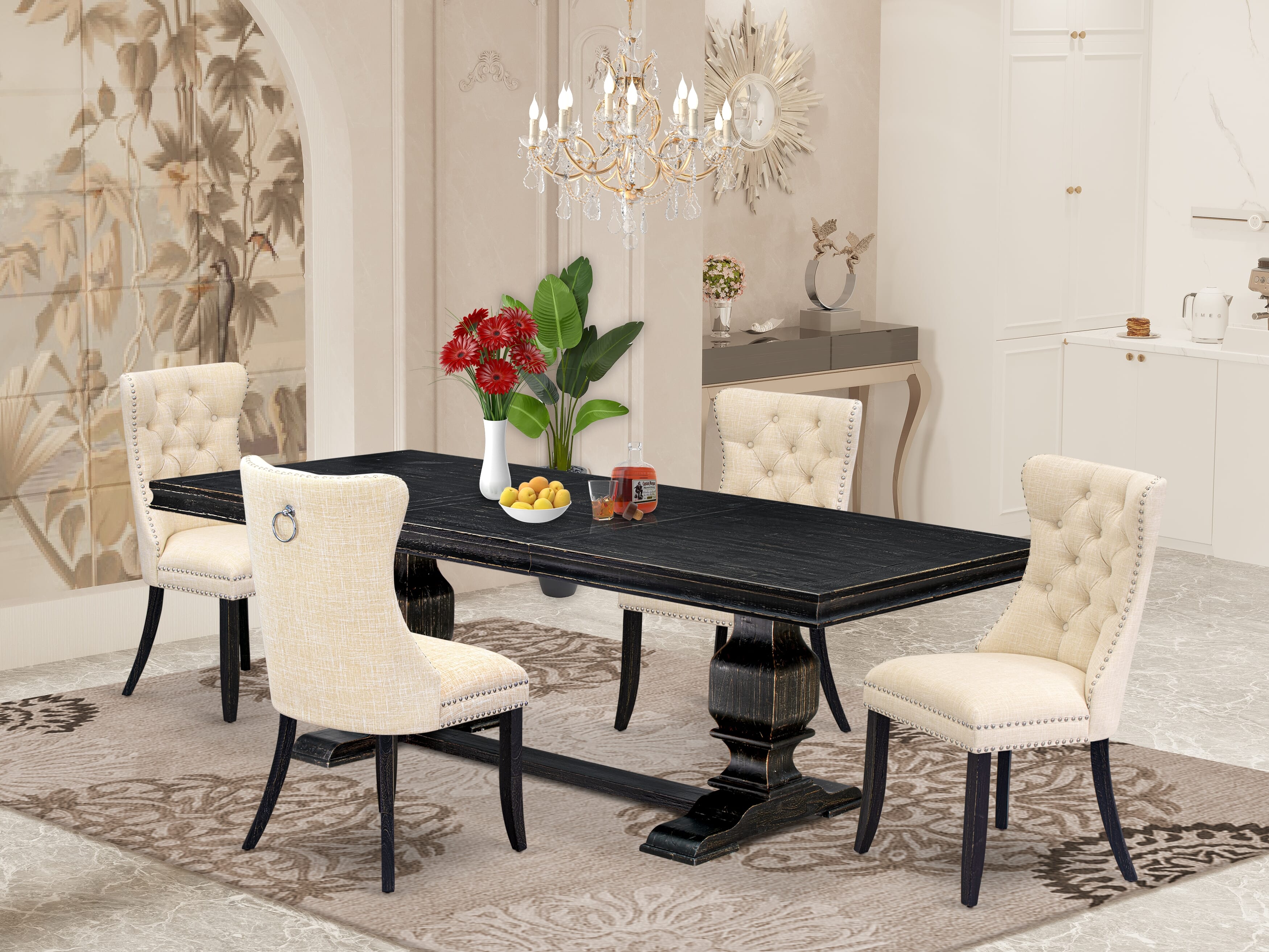Luxe by East West Furniture LKDA5-SBB-32 - 5-piece kitchen set consists of a wooden dining table and 4 Light Beige Linen Fabric dining chairs with Button Tufted Chair Back - Sand Blasting Black Finish.