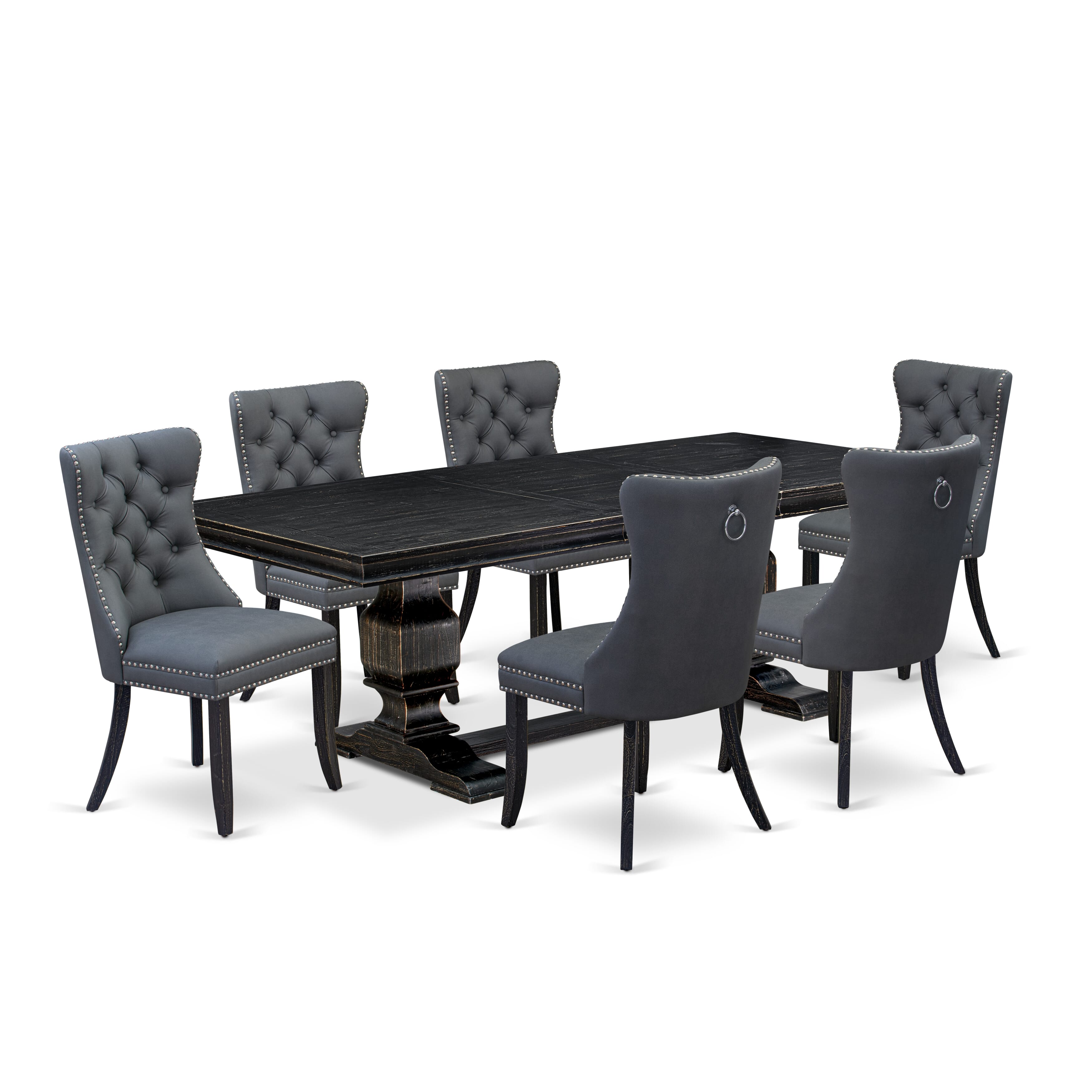 Luxe by East West Furniture LKDA7-SBB-13 7 Pieces Dining Set Contains a Rectangle Kitchen Table and 6 Platinum Gray Faux Leather Modern Chairs, Sand Blasting Black