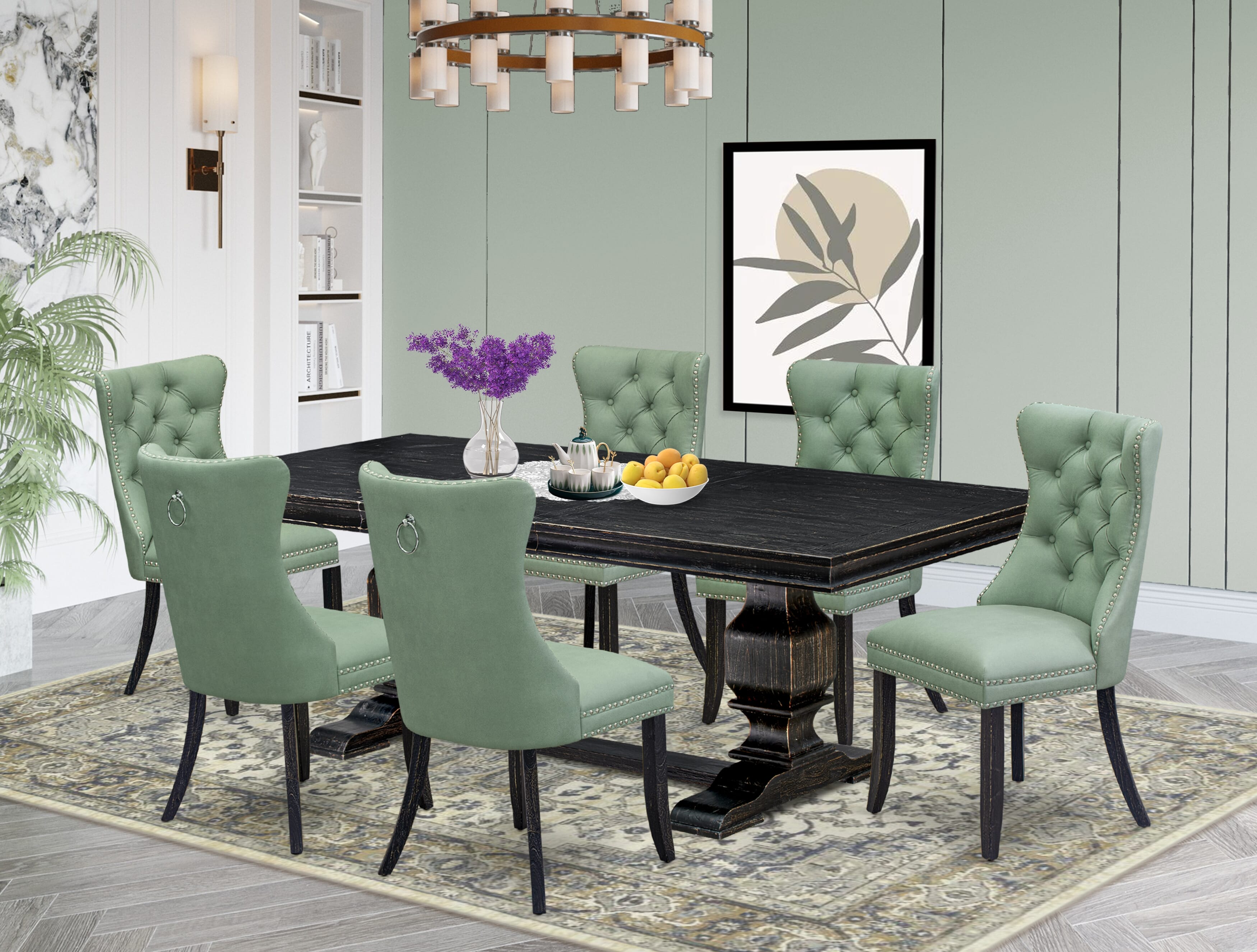 Luxe by East West Furniture LKDA7-SBB-22 7 Pieces Dining Set Contains a Rectangle Kitchen Table and 6 Willow Green Faux Leather Modern Chairs, Sand Blasting Black