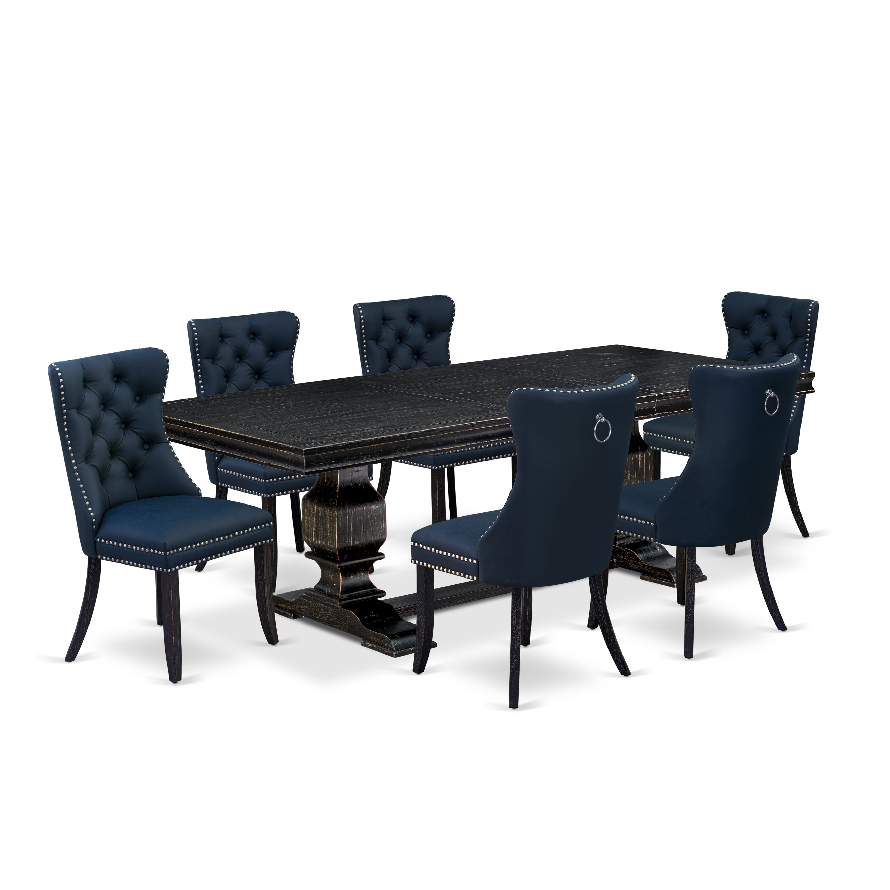 Luxe by East West Furniture LKDA7-SBB-29 - 7-piece dining table set includes a kitchen table and 6 Navy Blue Faux Leather modern chairs with Button Tufted Chair Back - Sand Blasting Black Finish.