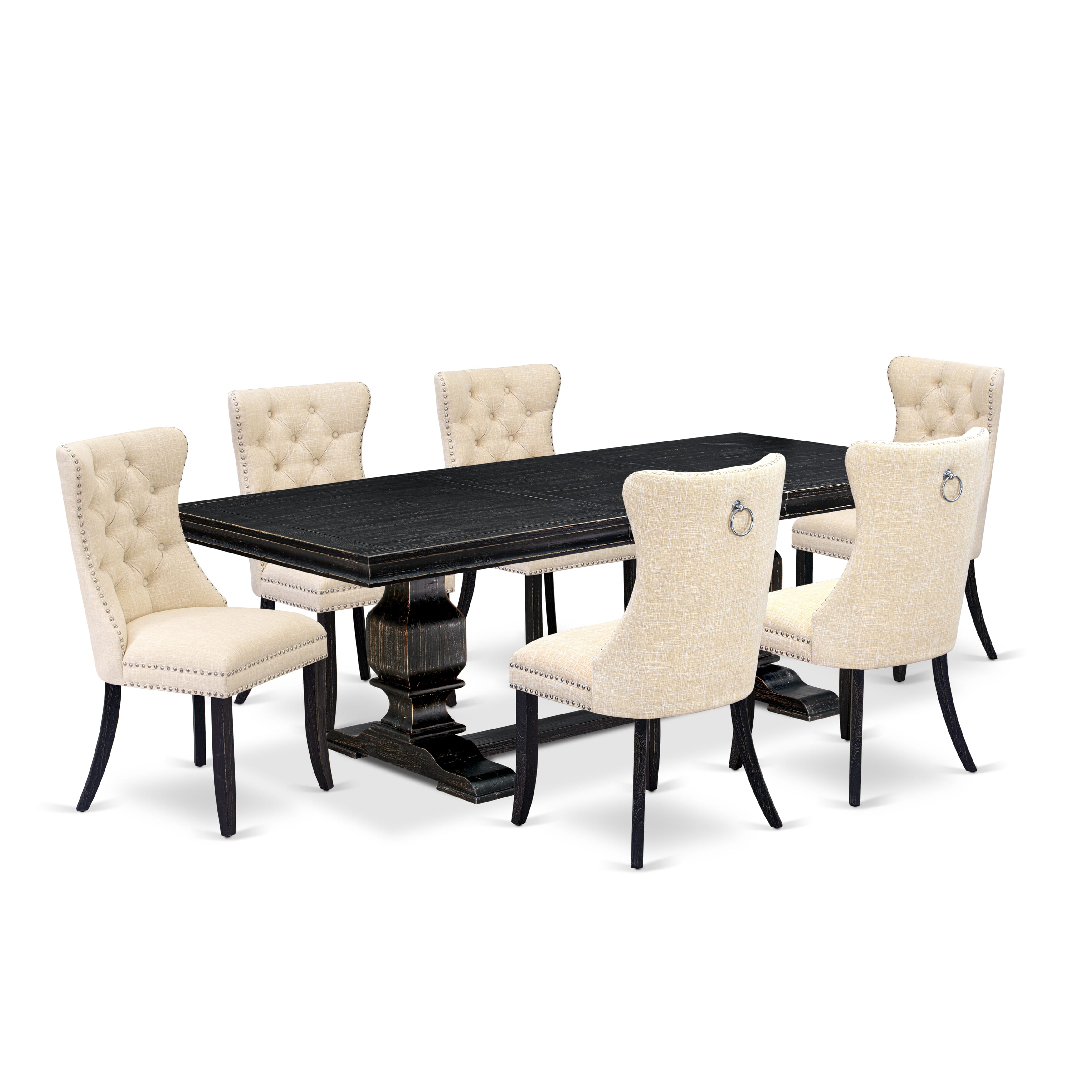 Luxe by East West Furniture LKDA7-SBB-32 - 7-piece dining room set consists of a kitchen table and 6 Light Beige Linen Fabric parson chairs with Button Tufted Chair Back - Sand Blasting Black Finish.