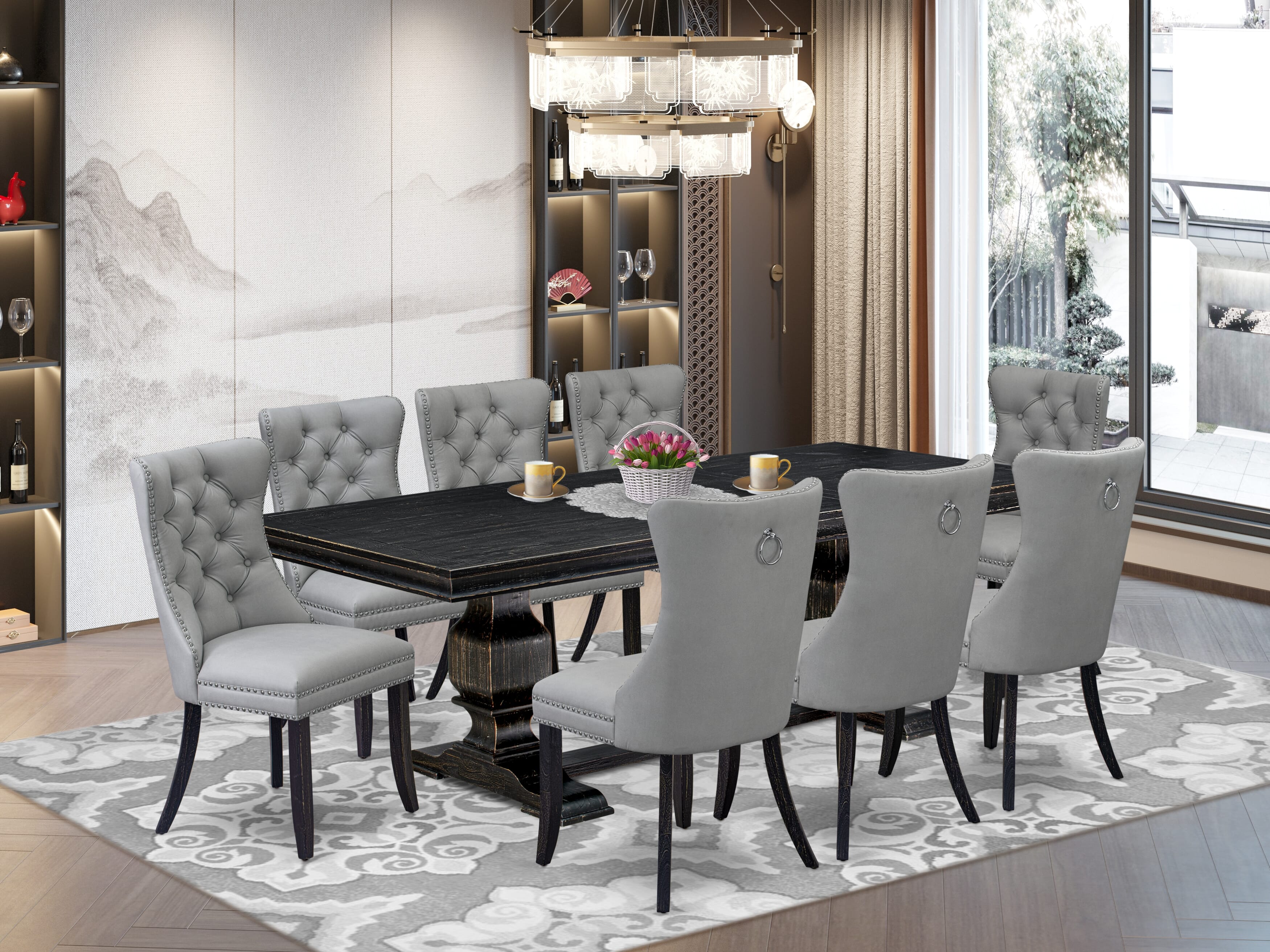 Luxe by East West Furniture LKDA9-SBB-27 - 9-piece dining set includes a rectangular table and 8 Light Gray Faux Leather dining Chairs with Button Tufted Chair Back - Sand Blasting Black Finish.