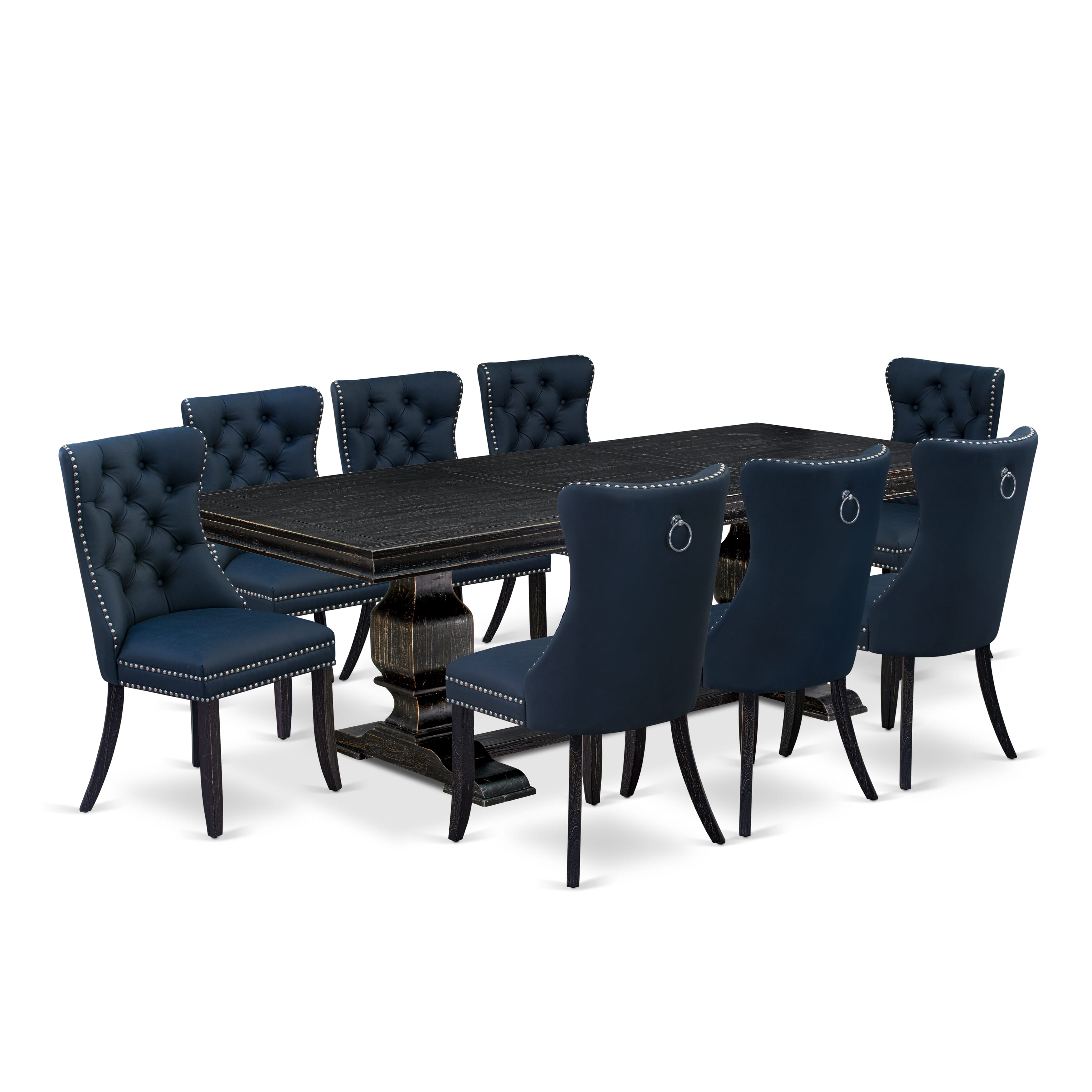 Luxe by East West Furniture LKDA9-SBB-29 - 9-piece kitchen table set includes a rectangular table and 8 Navy Blue Faux Leather parson chairs with Button Tufted Chair Back - Sand Blasting Black Finish.