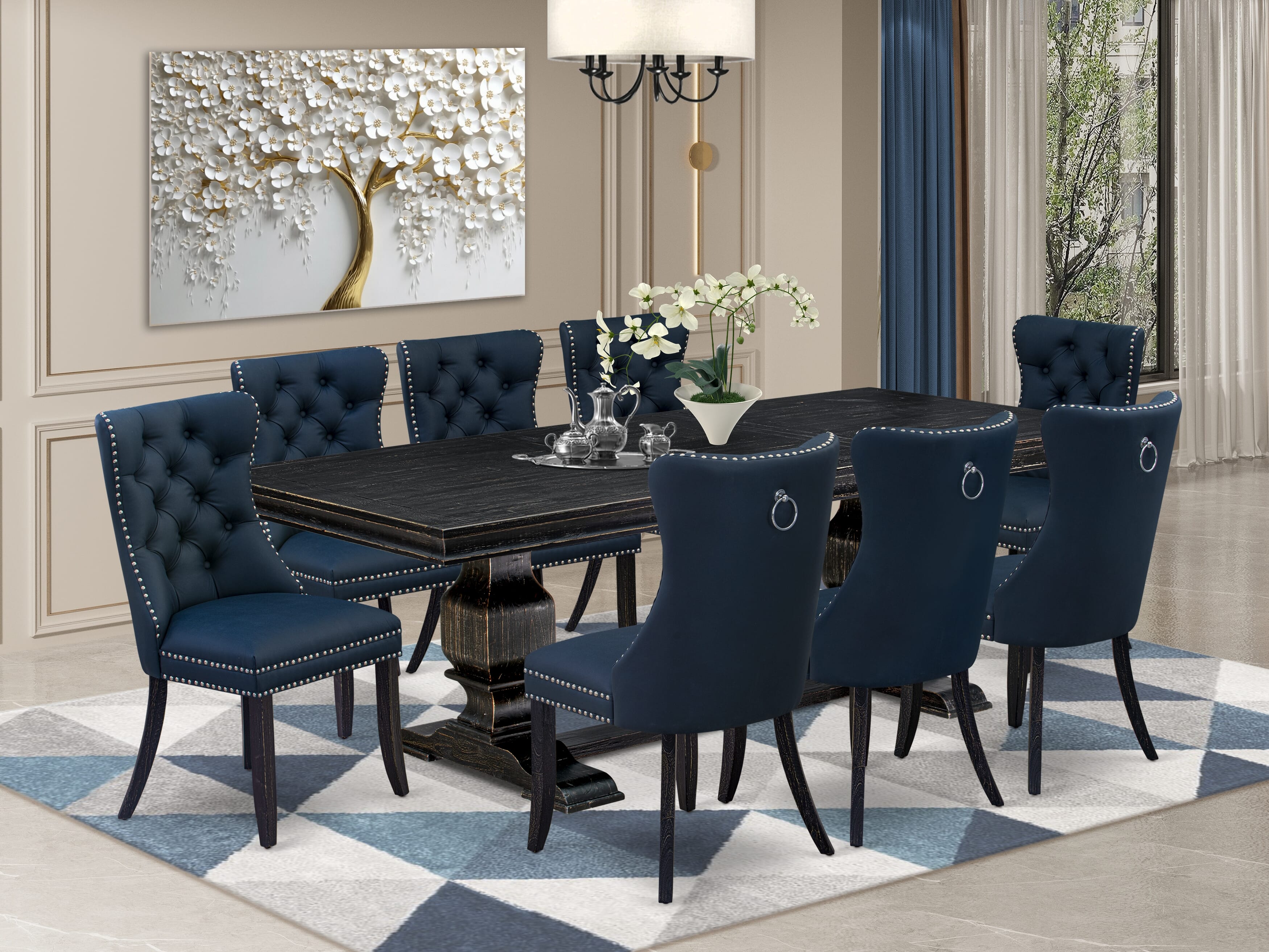 Luxe by East West Furniture LKDA9-SBB-29 - 9-piece kitchen table set includes a rectangular table and 8 Navy Blue Faux Leather parson chairs with Button Tufted Chair Back - Sand Blasting Black Finish.