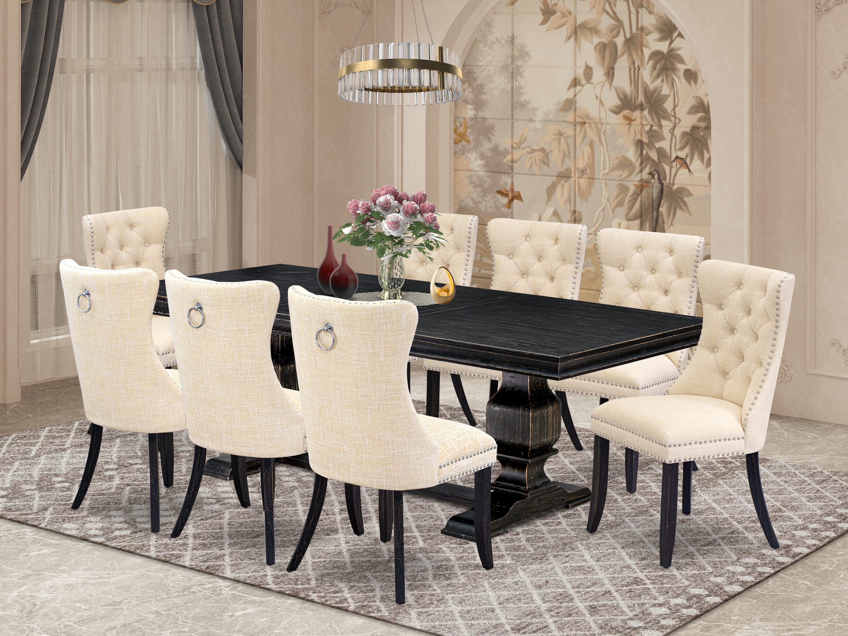 Luxe by East West Furniture LKDA9-SBB-32 - 9-piece dining set consists of a breakfast table and 8 Light Beige Linen Fabric dining room chairs with Button Tufted Chair Back - Sand Blasting Black Finish.