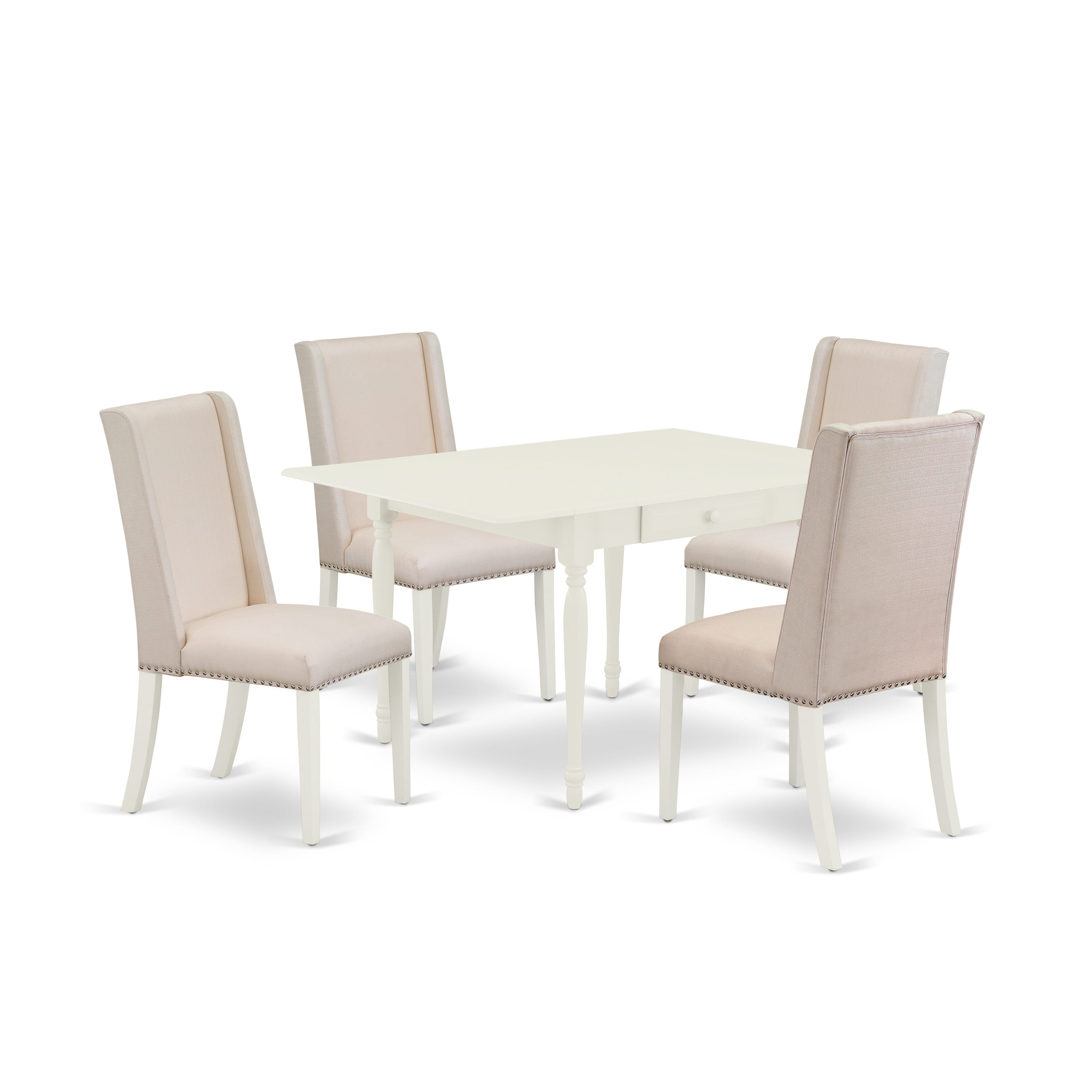 Juego de mesa de cocina de 5 piezas East West Furniture MZFL5-LWH-01 para 4 personas. Incluye una mesa de comedor rectangular con alas abatibles y 4 sillas de comedor Parson de tela de lino color crema.