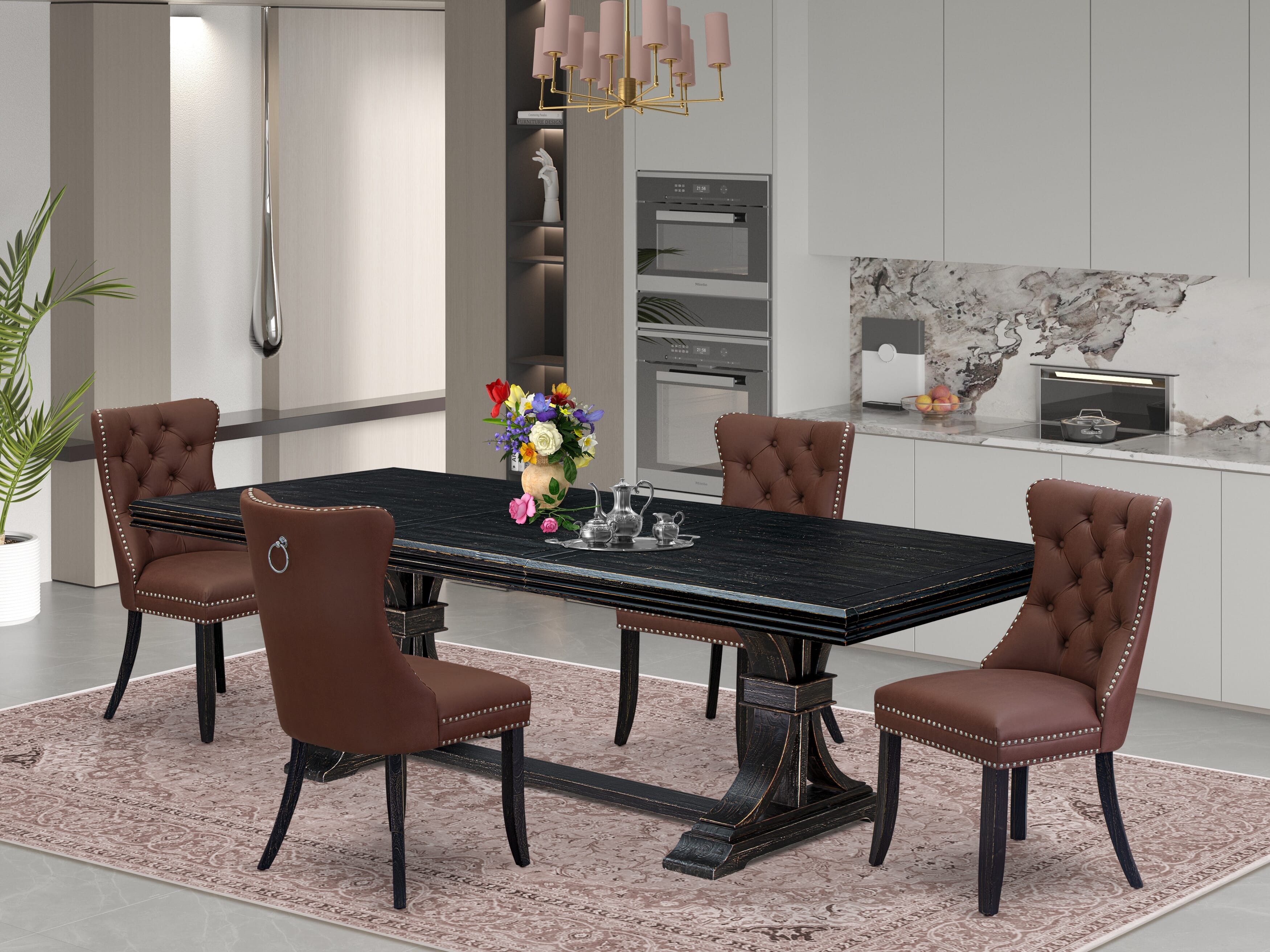 Luxe by East West Furniture NEDA5-SBB-26 - 5-piece kitchen table set includes a dinner table and 4 Burgundy Faux Leather modern chairs with Button Tufted Chair Back - Sand Blasting Black Finish