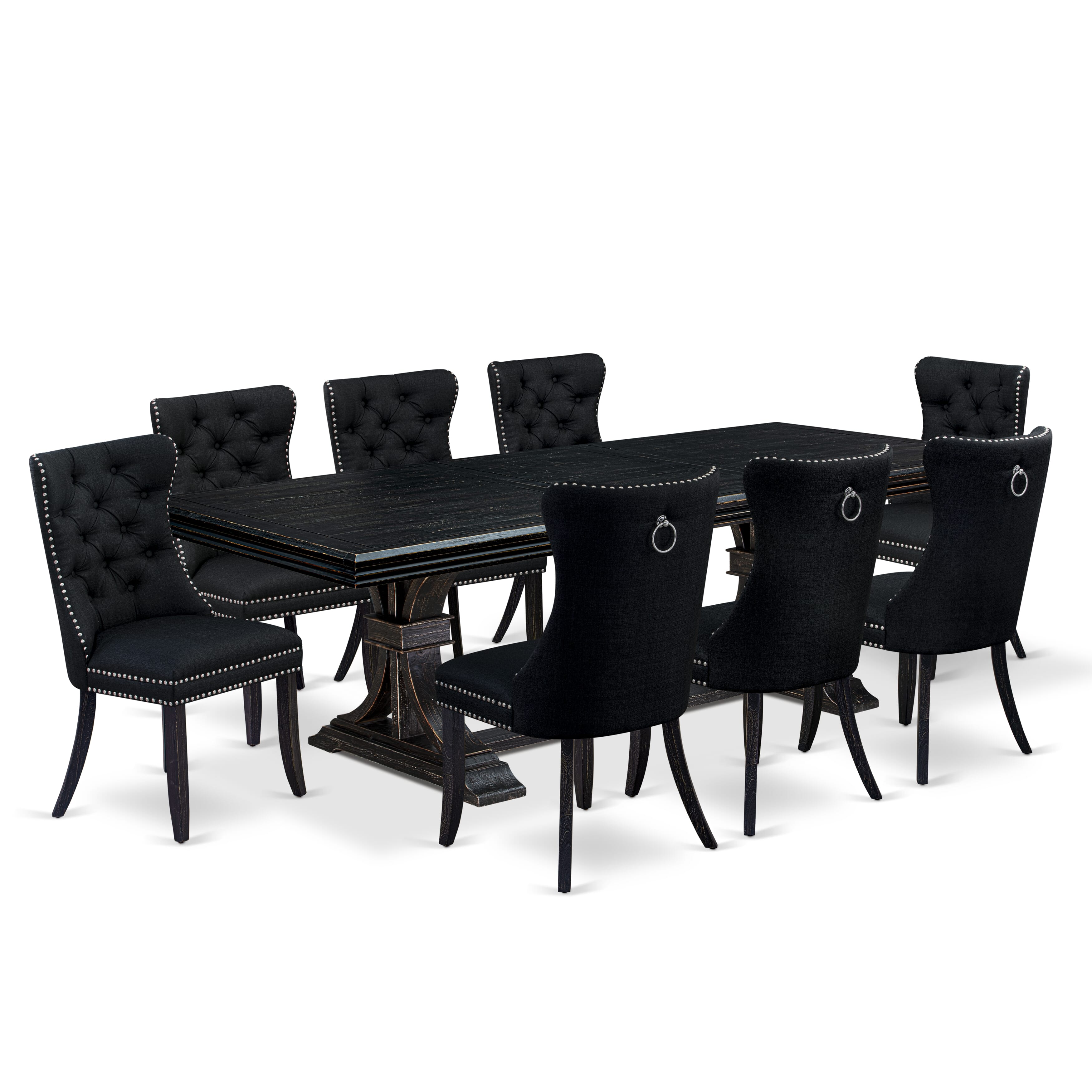 Luxe by East West Furniture NEDA9-SBB-24 - 9-piece kitchen table set includes a dinner table and 8 Black Linen Fabric dining Chairs with Button Tufted Chair Back - Sand Blasting Black Finish.
