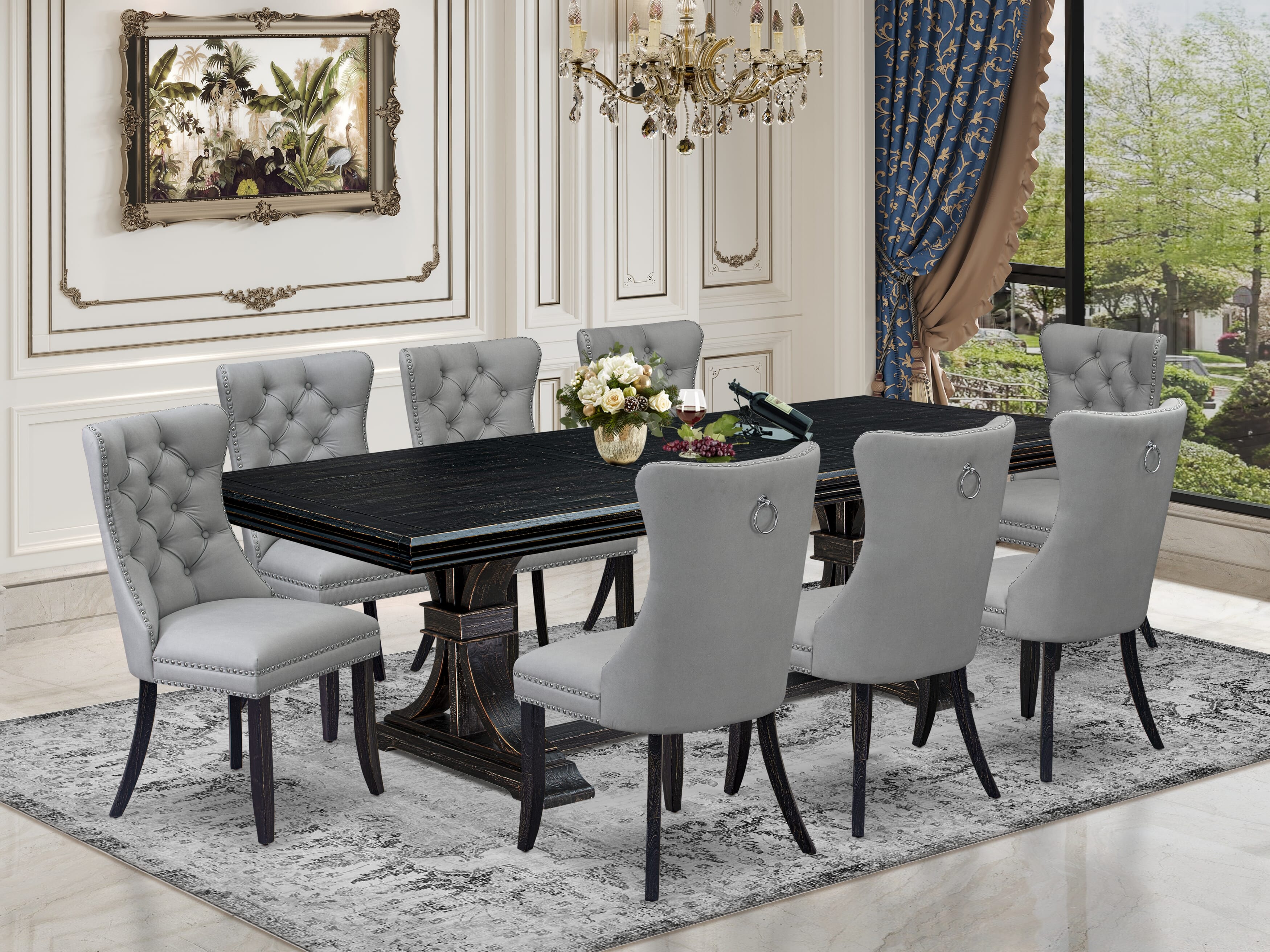 Luxe by East West Furniture NEDA9-SBB-27 - 9-piece dining table set includes a dining table and 8 Light Gray Faux Leather kitchen Chairs with Button Tufted Chair Back - Sand Blasting Black Finish.