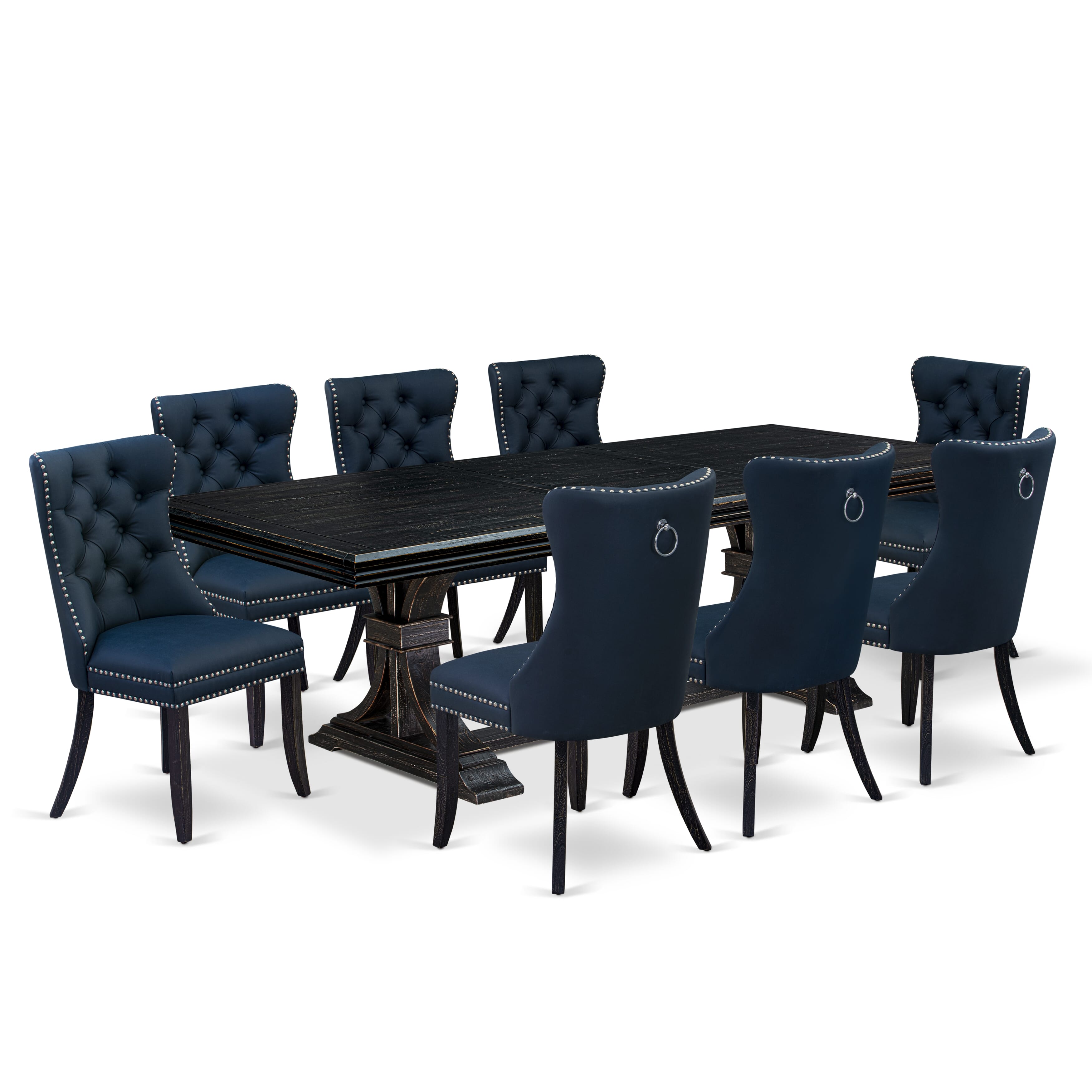 Luxe by East West Furniture NEDA9-SBB-29 - 9-piece modern dining set includes a dinner table and 8 Navy Blue Faux Leather kitchen Chairs with Button Tufted Chair Back - Sand Blasting Black Finish.
