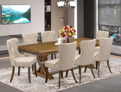 Luxe by East West Furniture - NESI9-AWA-04 - 9-piece Dining Table Set consists of a Modern Kitchen Table and 8 Light Tan Linen Fabric Dining Chairs with Button Tufted Back - Antique Walnut Finish