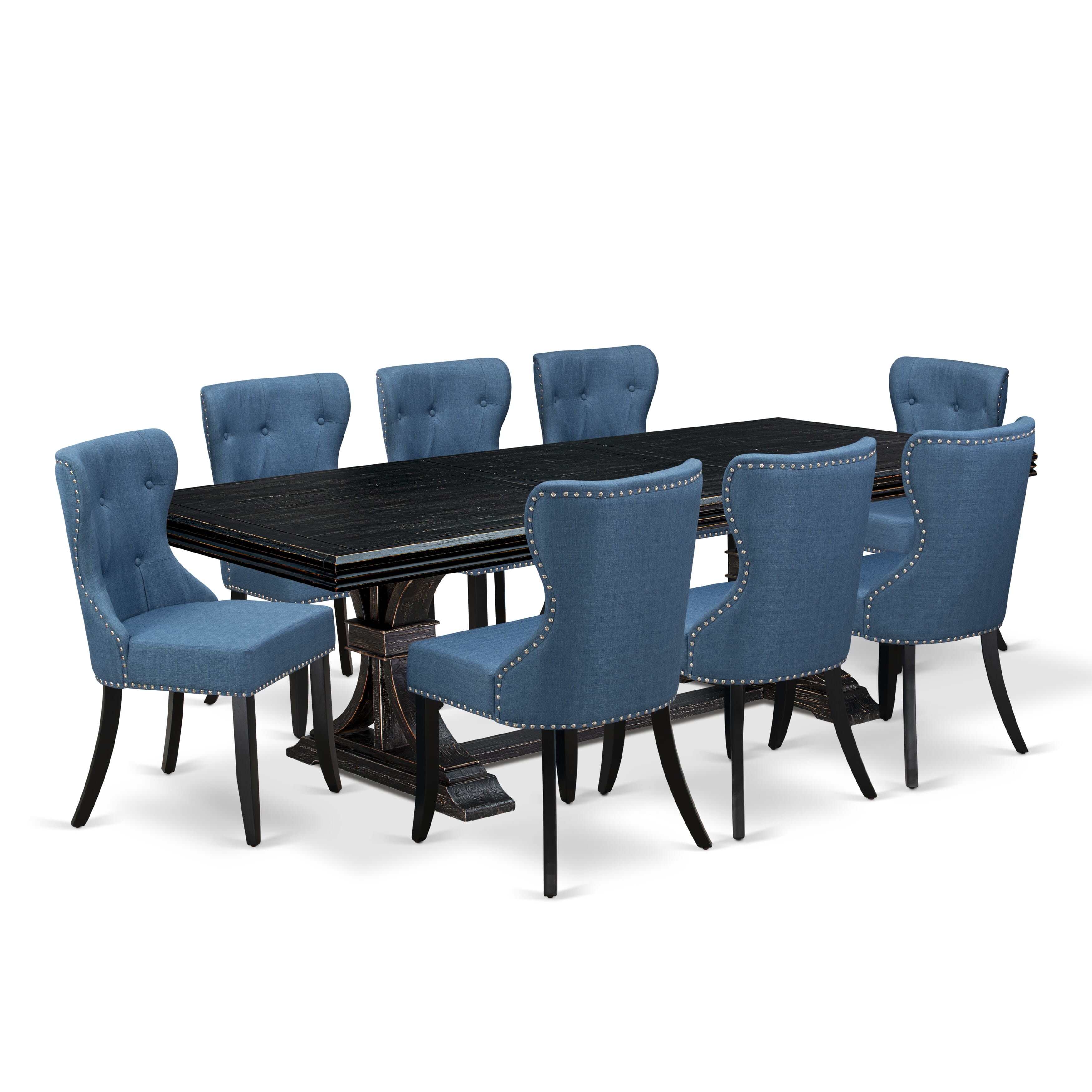 Luxe by East West Furniture - NESI9-SBB-21 - 9-piece Dining Table Set consists of a Kitchen Table and 8 Blue Linen Fabric Mid Century Modern Chairs with Button Tufted Back - Sand Blasting Black Finish