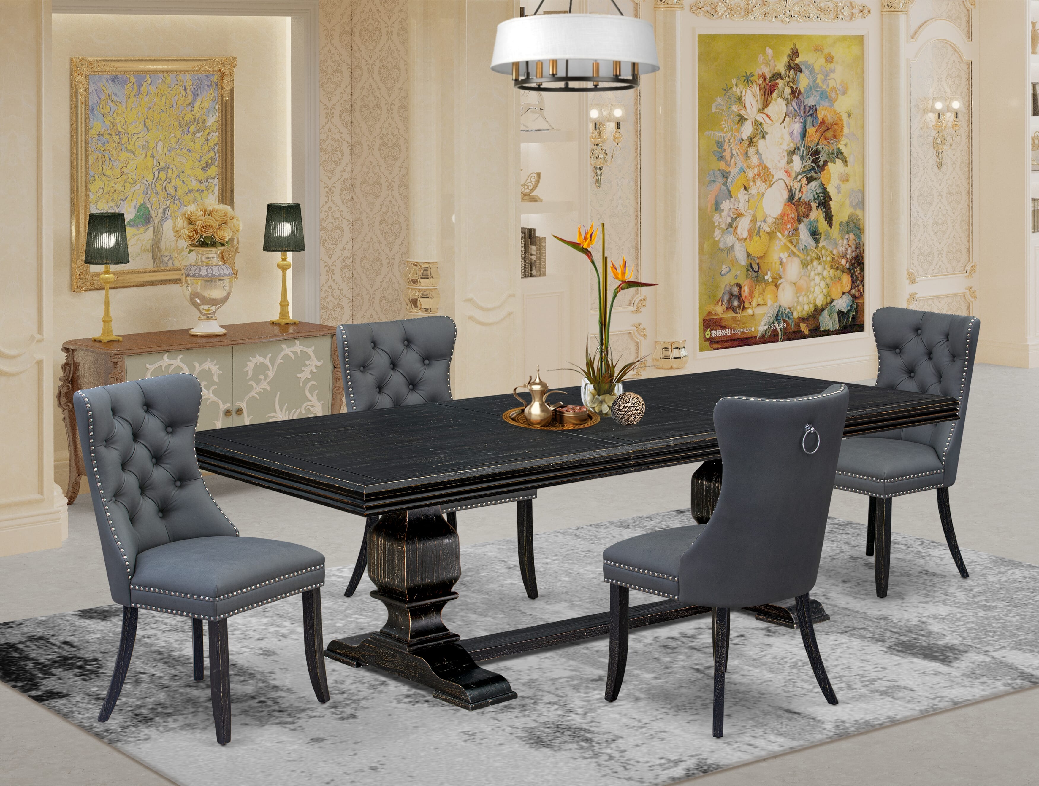 Luxe by East West Furniture NKDA5-SBB-13 5 Pieces Modern Dining Set Includes a Rectangle Kitchen Table and 4 Platinum Gray Faux Leather Dining Chairs, Sand Blasting Black