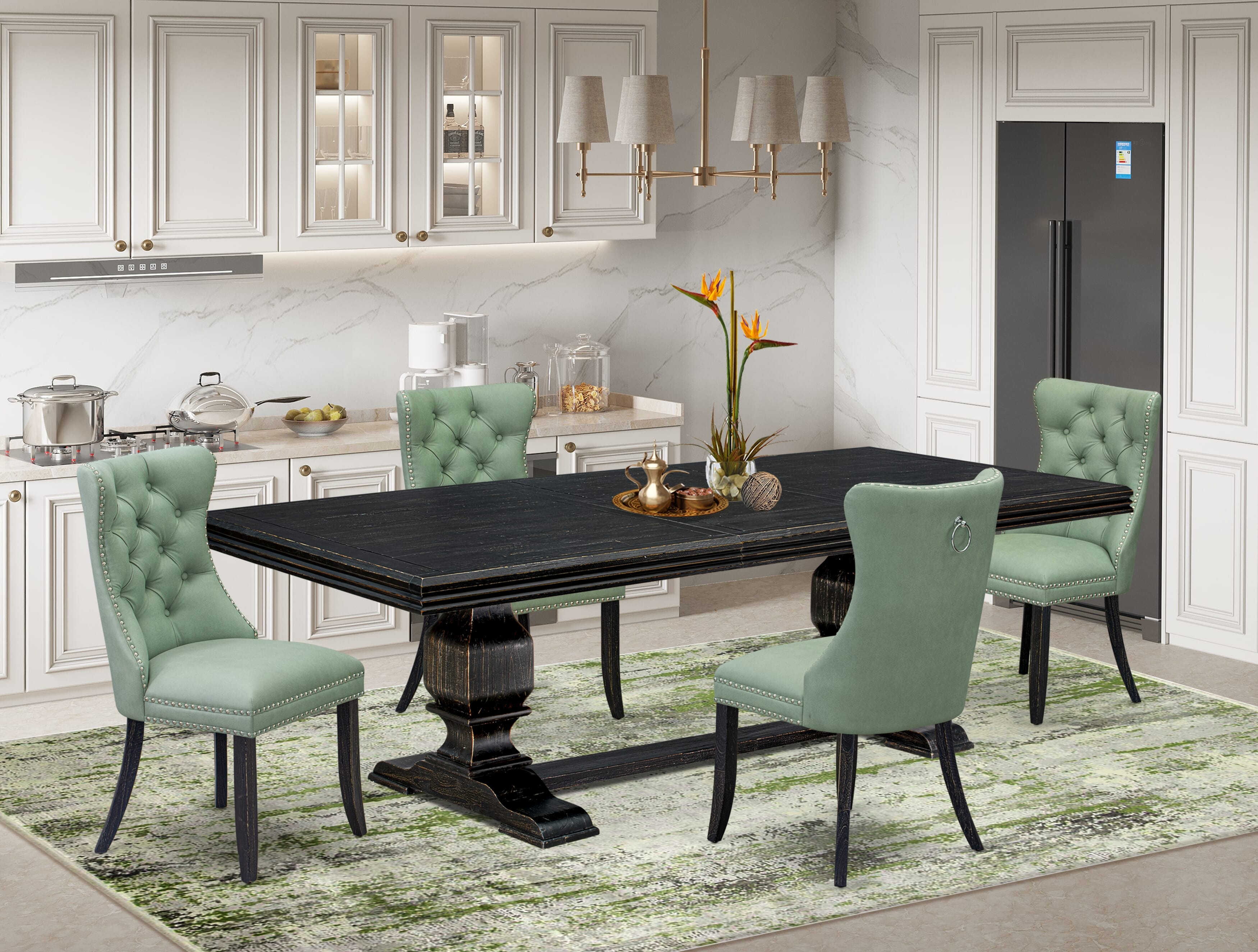 Luxe by East West Furniture NKDA5-SBB-22 5 Pieces Modern Dining Set Includes a Rectangle Kitchen Table and 4 Willow Green Faux Leather Dining Chairs, Sand Blasting Black