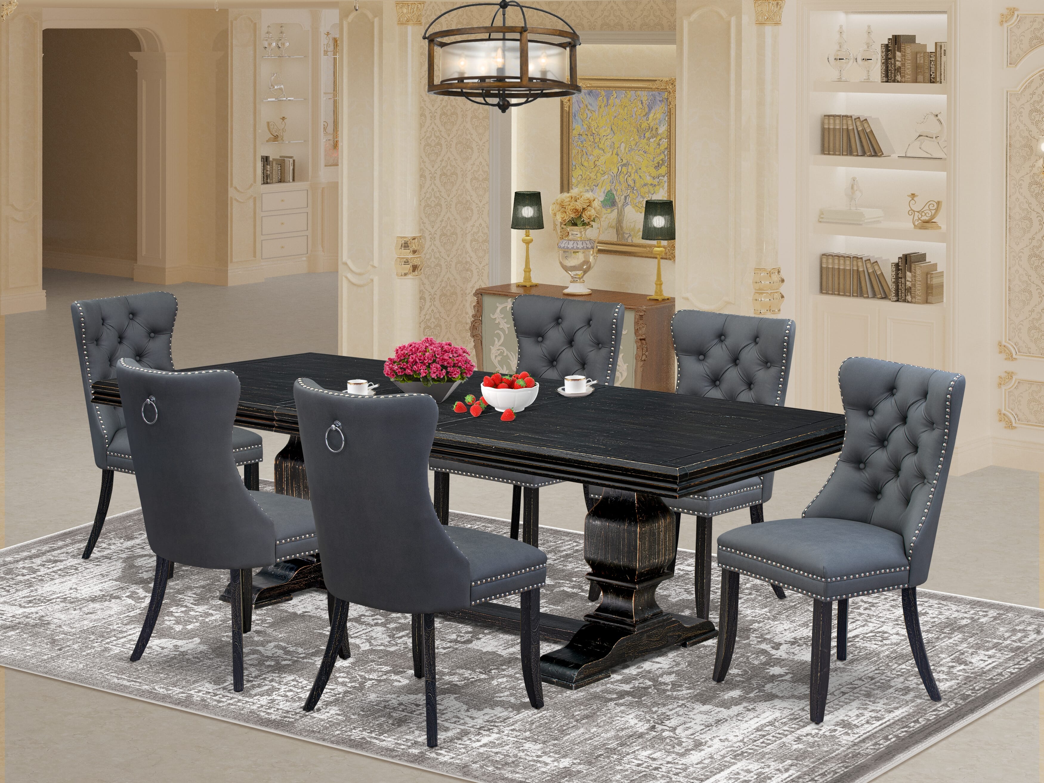 Luxe by East West Furniture NKDA7-SBB-13 7 Pieces Dining Set Contains a Rectangle Kitchen Table and 6 Platinum Gray Faux Leather Modern Chairs, Sand Blasting Black