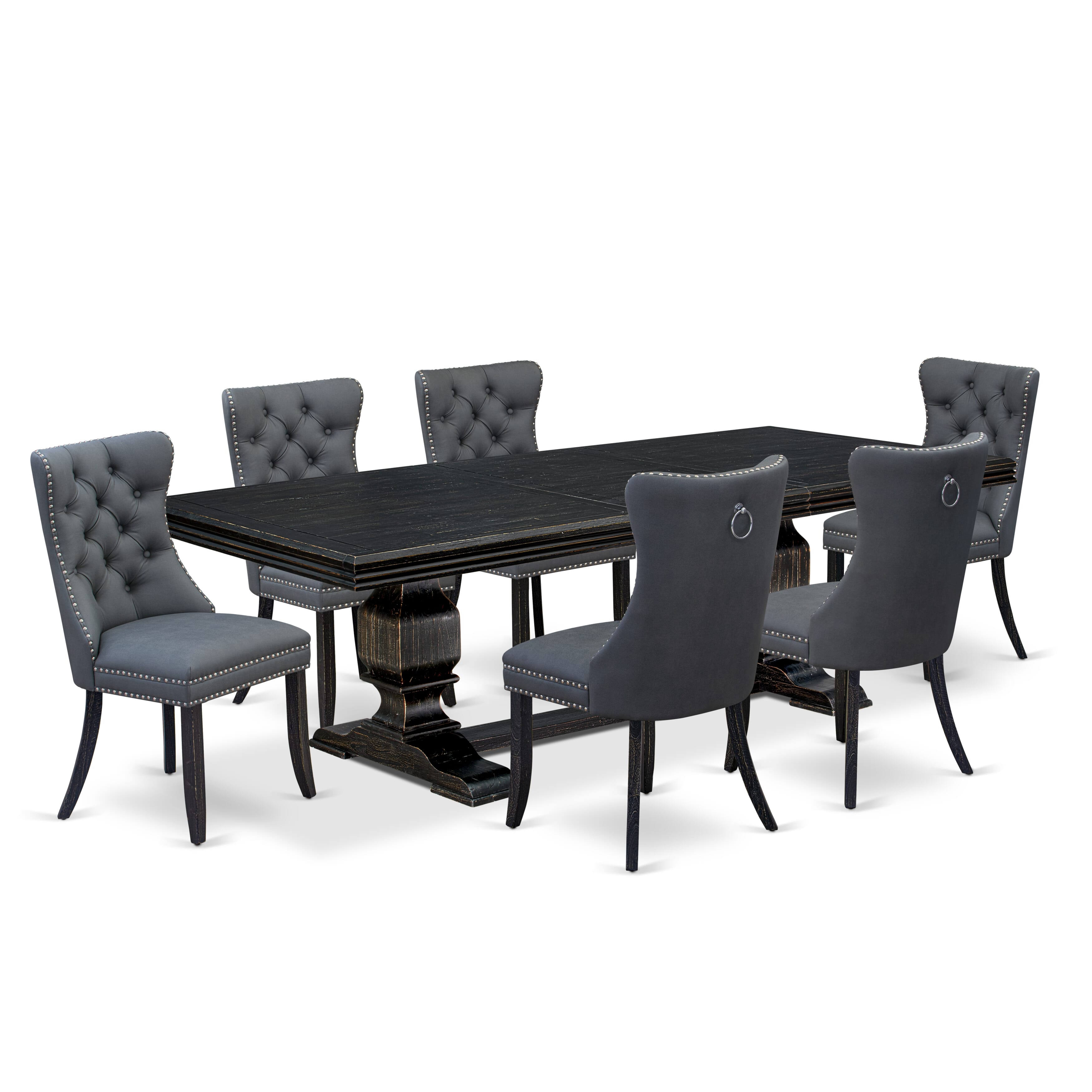 Luxe by East West Furniture NKDA7-SBB-13 7 Pieces Dining Set Contains a Rectangle Kitchen Table and 6 Platinum Gray Faux Leather Modern Chairs, Sand Blasting Black