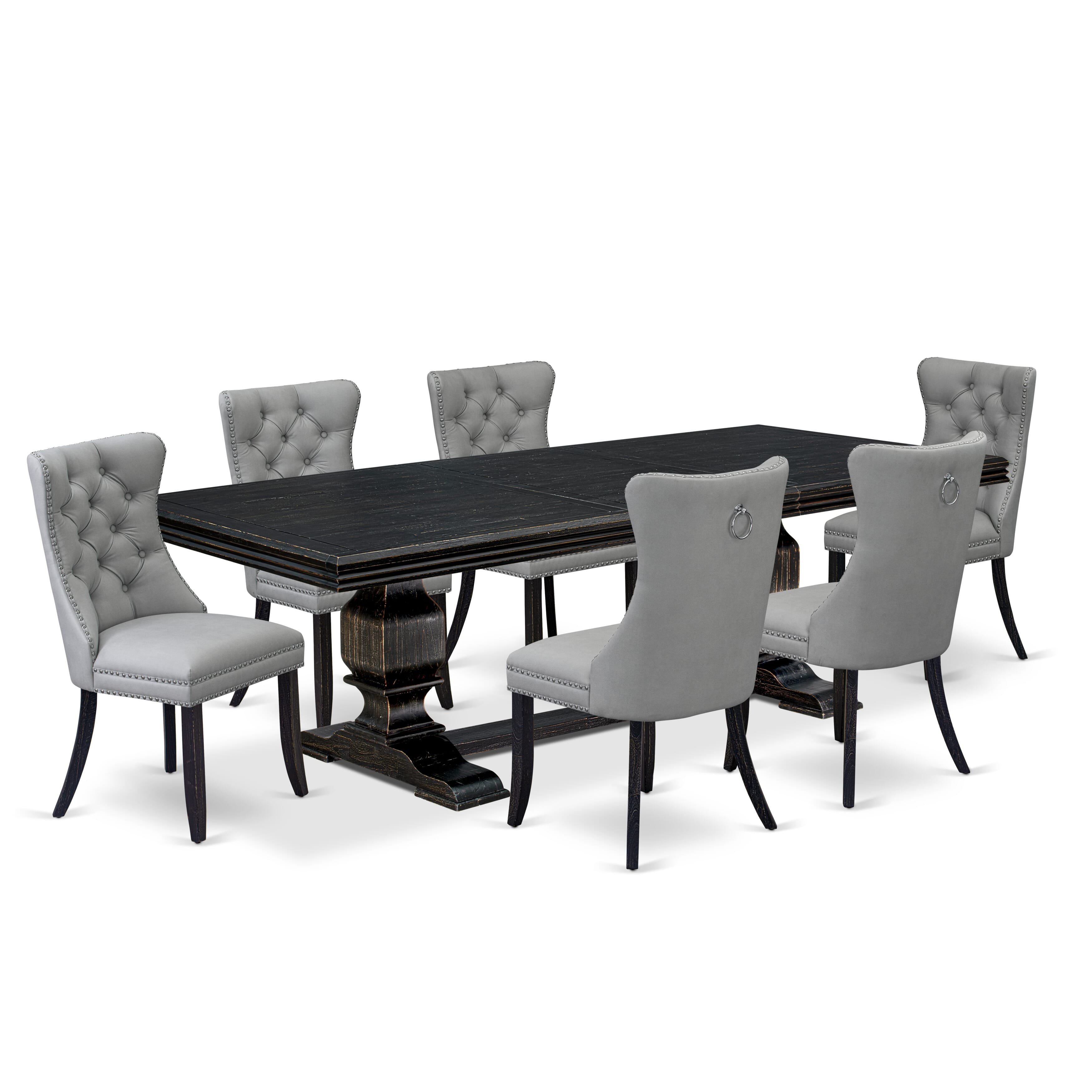 Luxe by East West Furniture NKDA7-SBB-27 - 7-piece dining set includes a rectangular table and 6 Light Gray Faux Leather dining Chairs with Button Tufted Chair Back - Sand Blasting Black Finish.