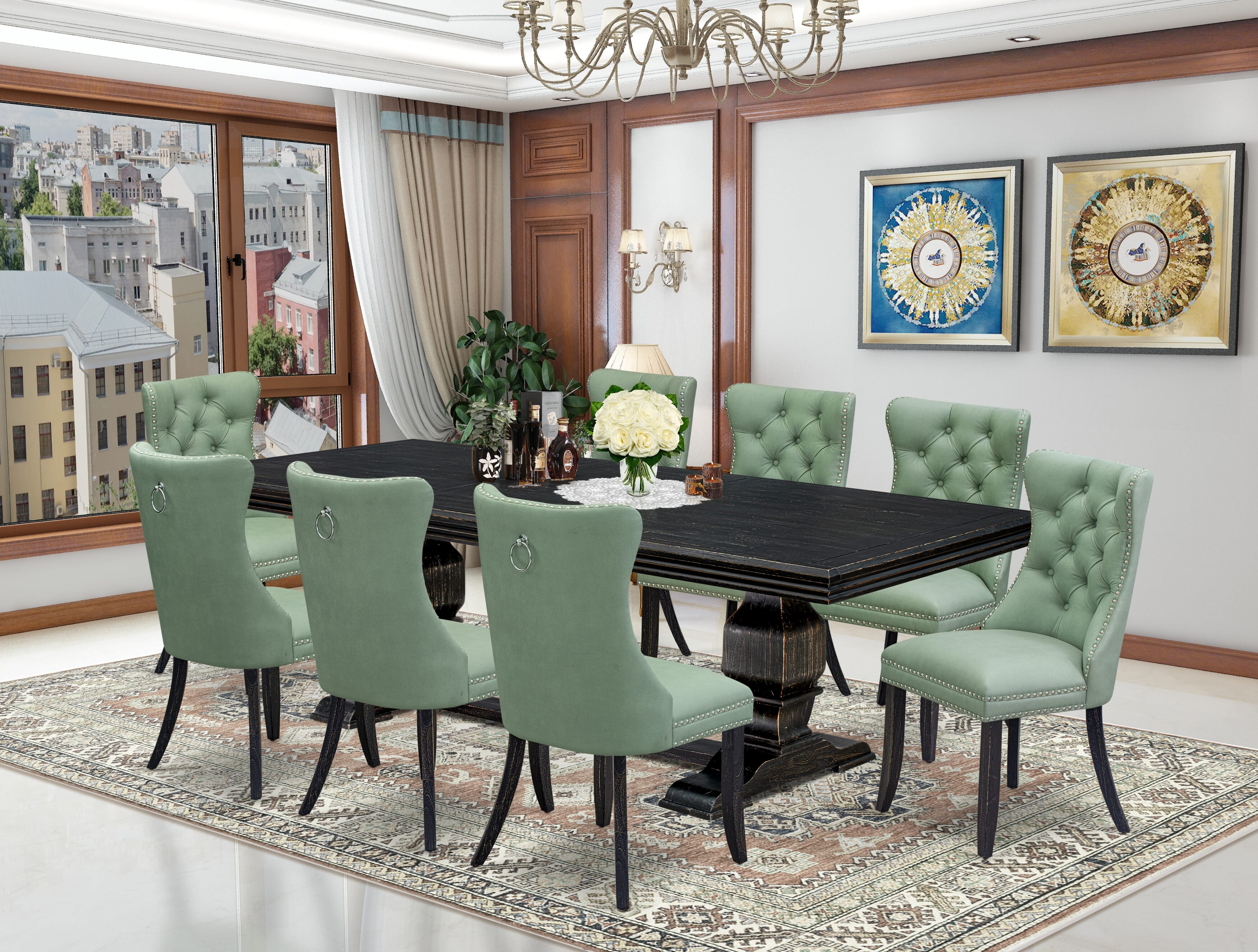 Luxe by East West Furniture NKDA9-SBB-22 9 Pieces Dining Table Set Includes a Rectangle Table and 8 Willow Green Faux Leather Dining Chairs, Sand Blasting Black