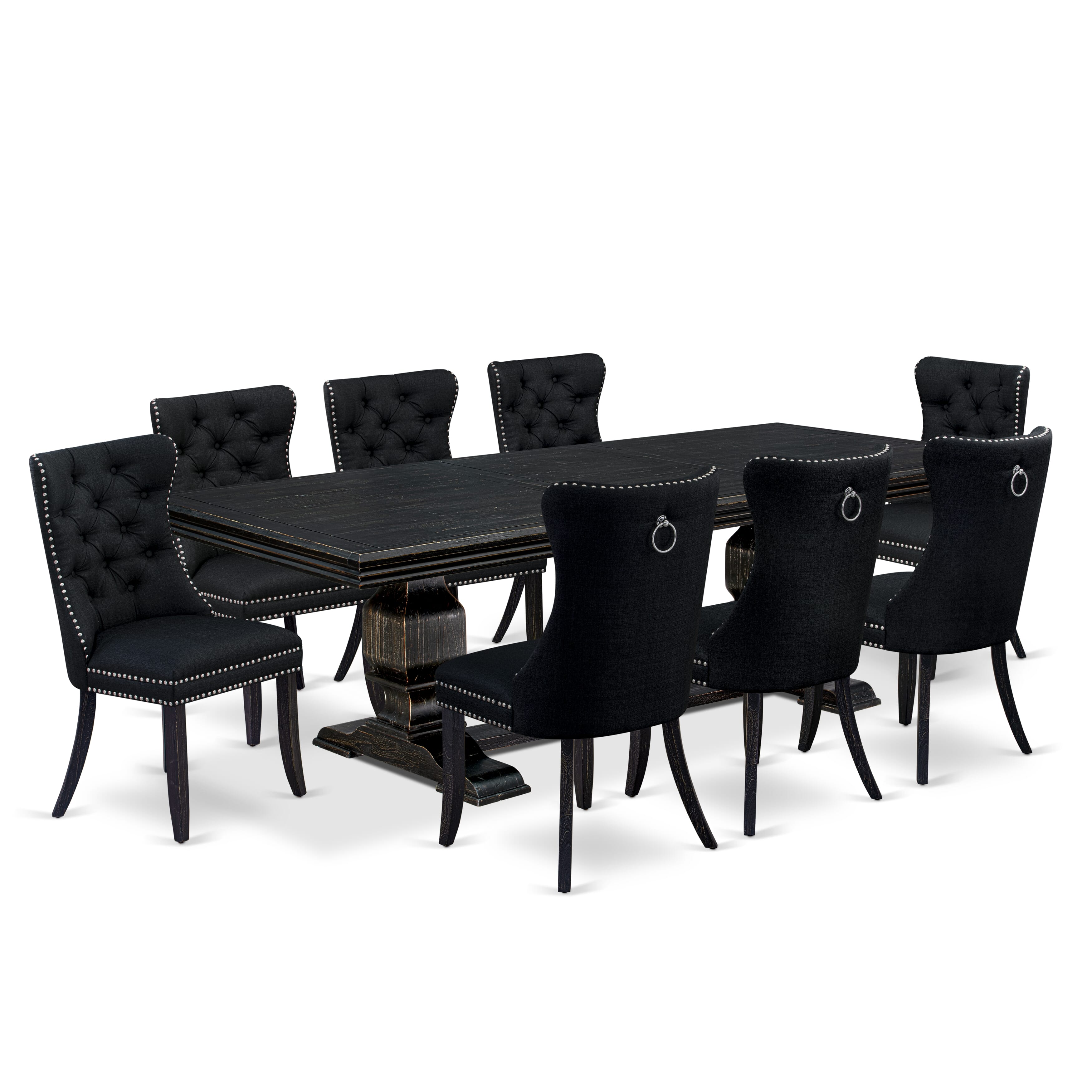 Luxe by East West Furniture NKDA9-SBB-24 - 9-piece dining room set consists of a rectangular table and 8 Black Linen Fabric dining chairs with Button Tufted Chair Back - Sand Blasting Black Finish.