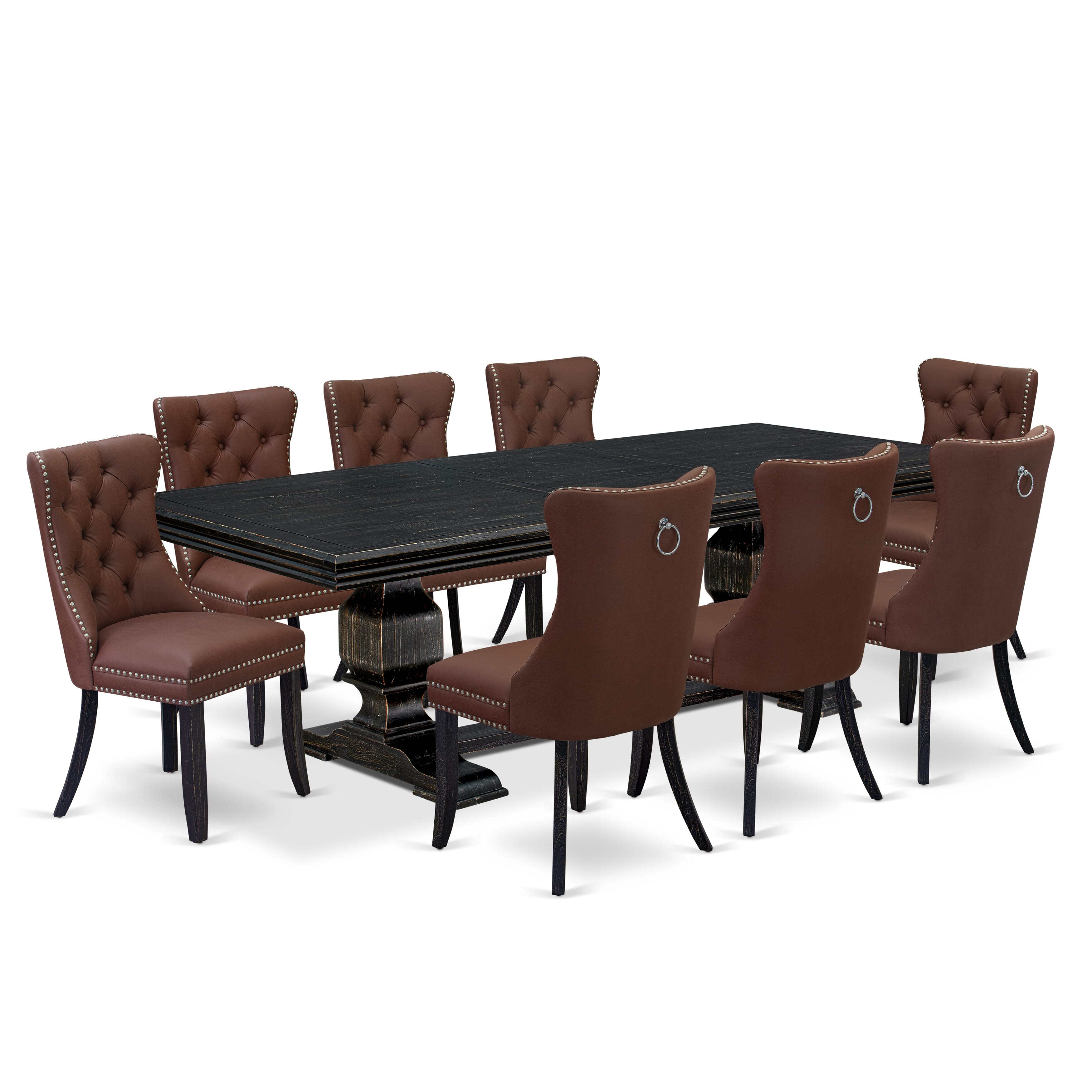 Luxe by East West Furniture NKDA9-SBB-26 - 9-piece dining room set includes a dining table and 8 Burgundy Faux Leather dining Chairs with Button Tufted Chair Back - Sand Blasting Black Finish