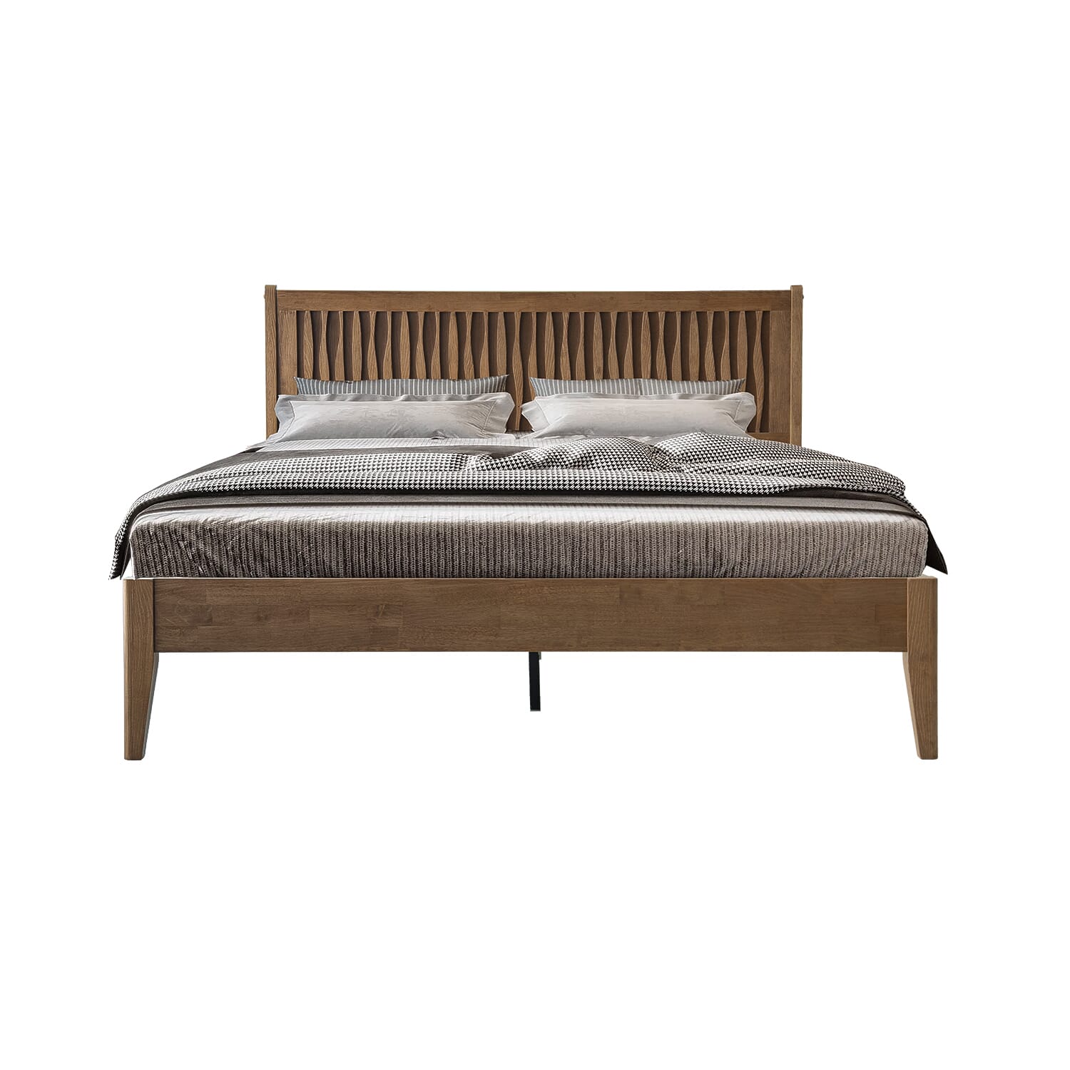 Queen Size Bed Frame with Headboard & Footboard Solid Wood Platform Bed, Metal Legs, 12 Sturdy Slatted Structure, No Box Spring Needed, Anti-Noise & Slip-Free, Easy Assembly, Barnwood Finish, OLQ-30