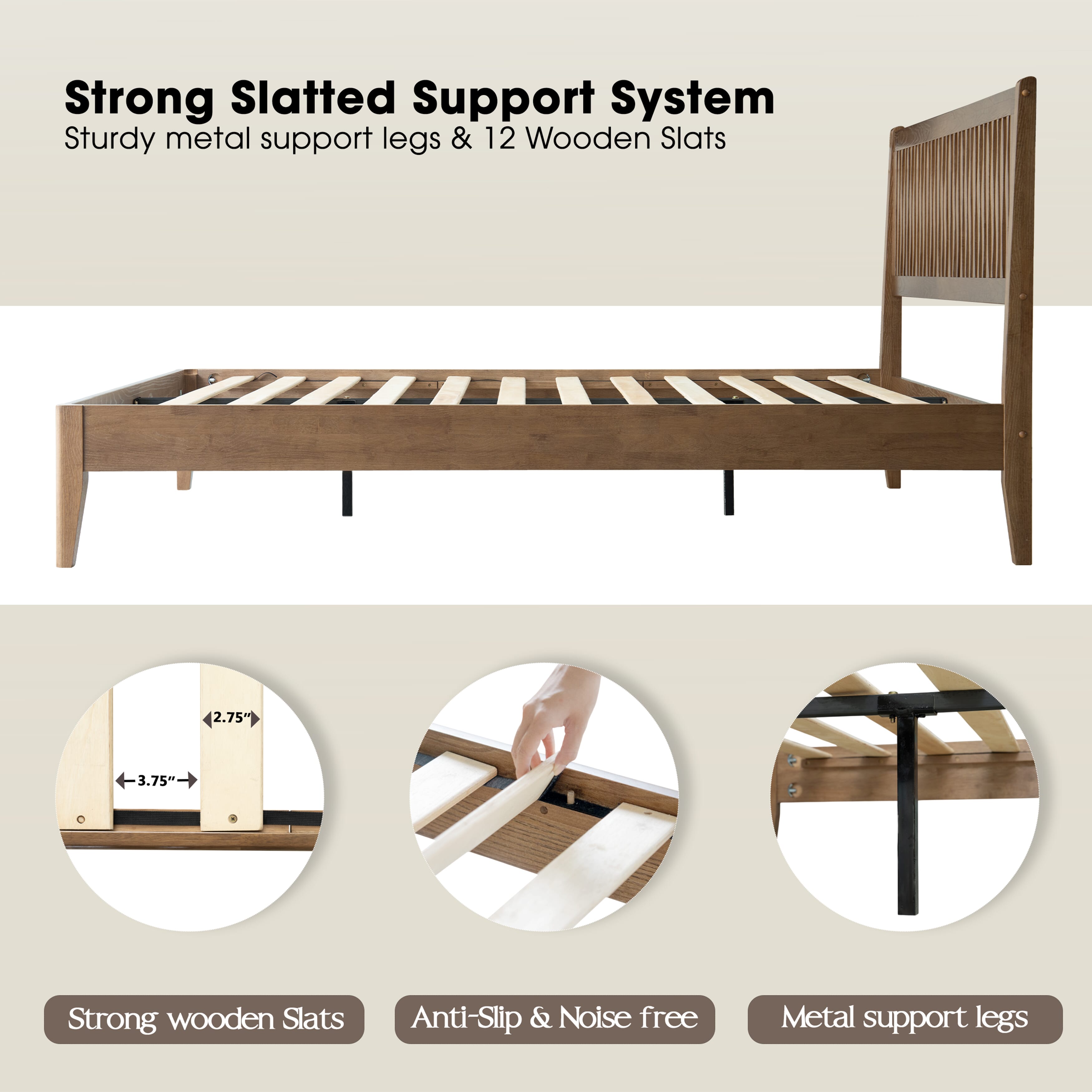 Queen Size Bed Frame with Headboard & Footboard Solid Wood Platform Bed, Metal Legs, 12 Sturdy Slatted Structure, No Box Spring Needed, Anti-Noise & Slip-Free, Easy Assembly, Barnwood Finish, OLQ-30